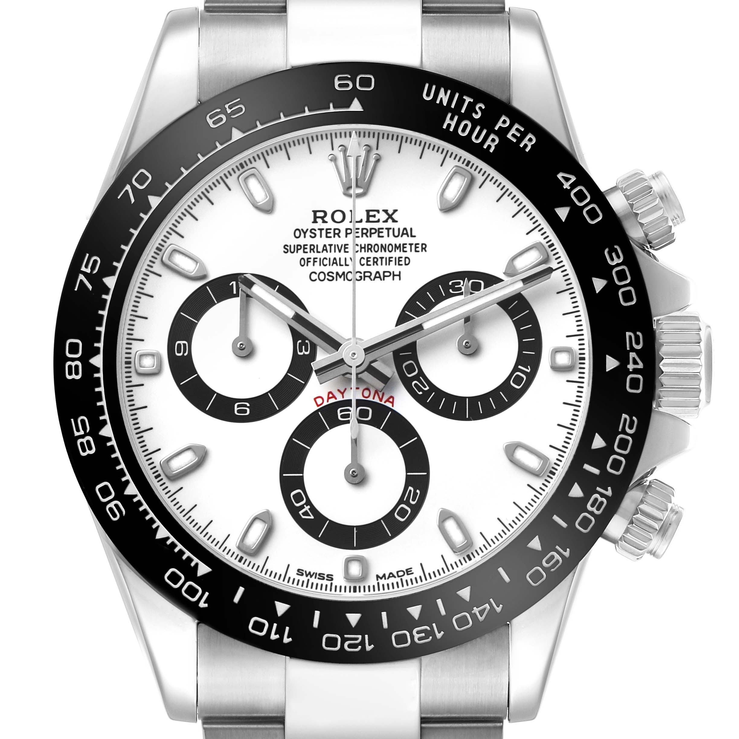 The image shows a front view of the Rolex Daytona 116500LN Men's Stainless Steel White Dial watch, featuring its dial, subdials, bezel, and part of the bracelet.