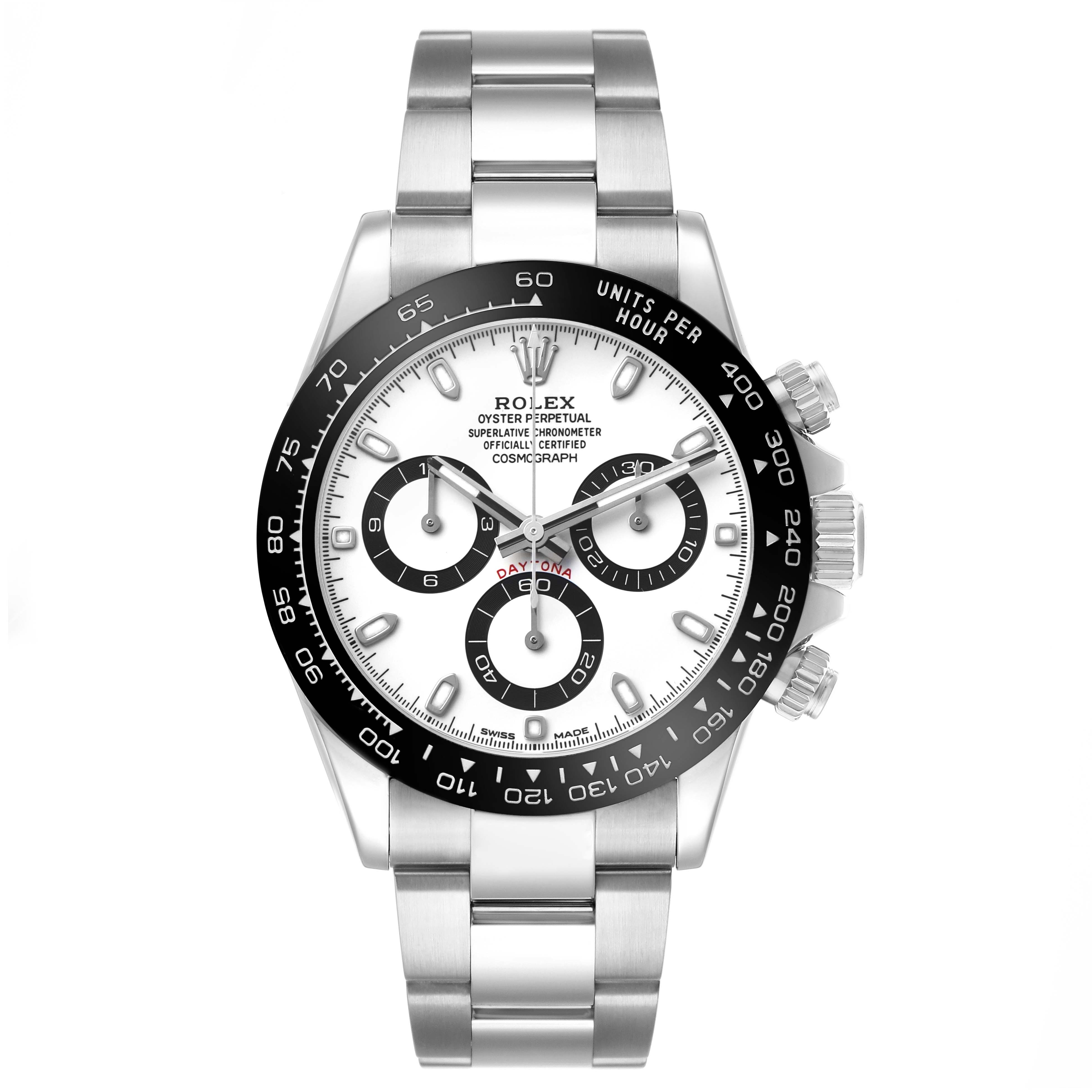The Rolex Daytona 116500LN Men's Stainless Steel White Dial watch is shown from a front angle, featuring a white dial, three subdials, and a black bezel.