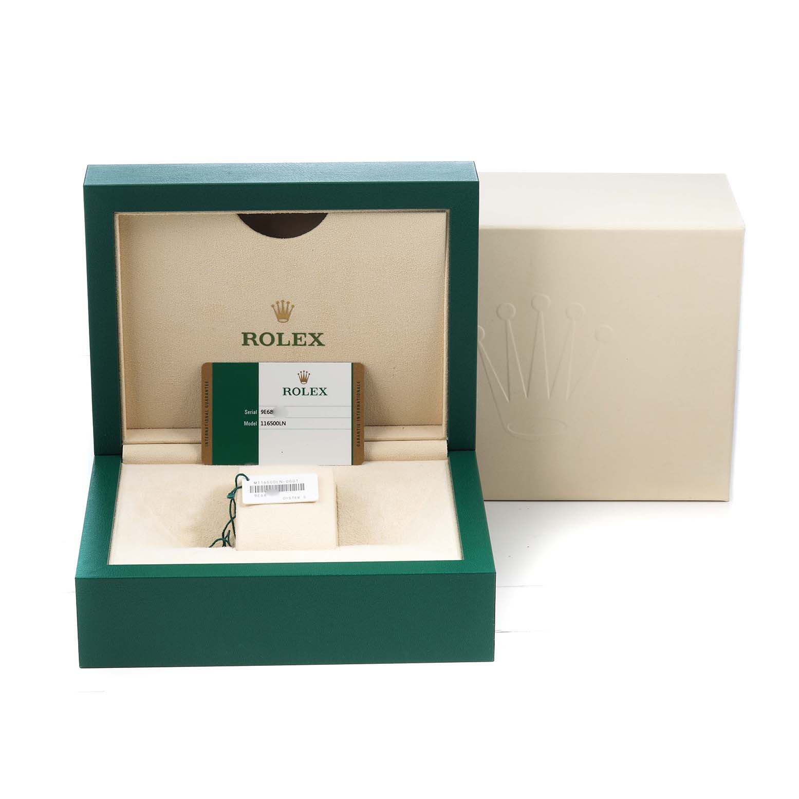 The image shows a Rolex Daytona 116500LN Men's Stainless Steel White Dial watch box open, displaying the interior with a card and tag.