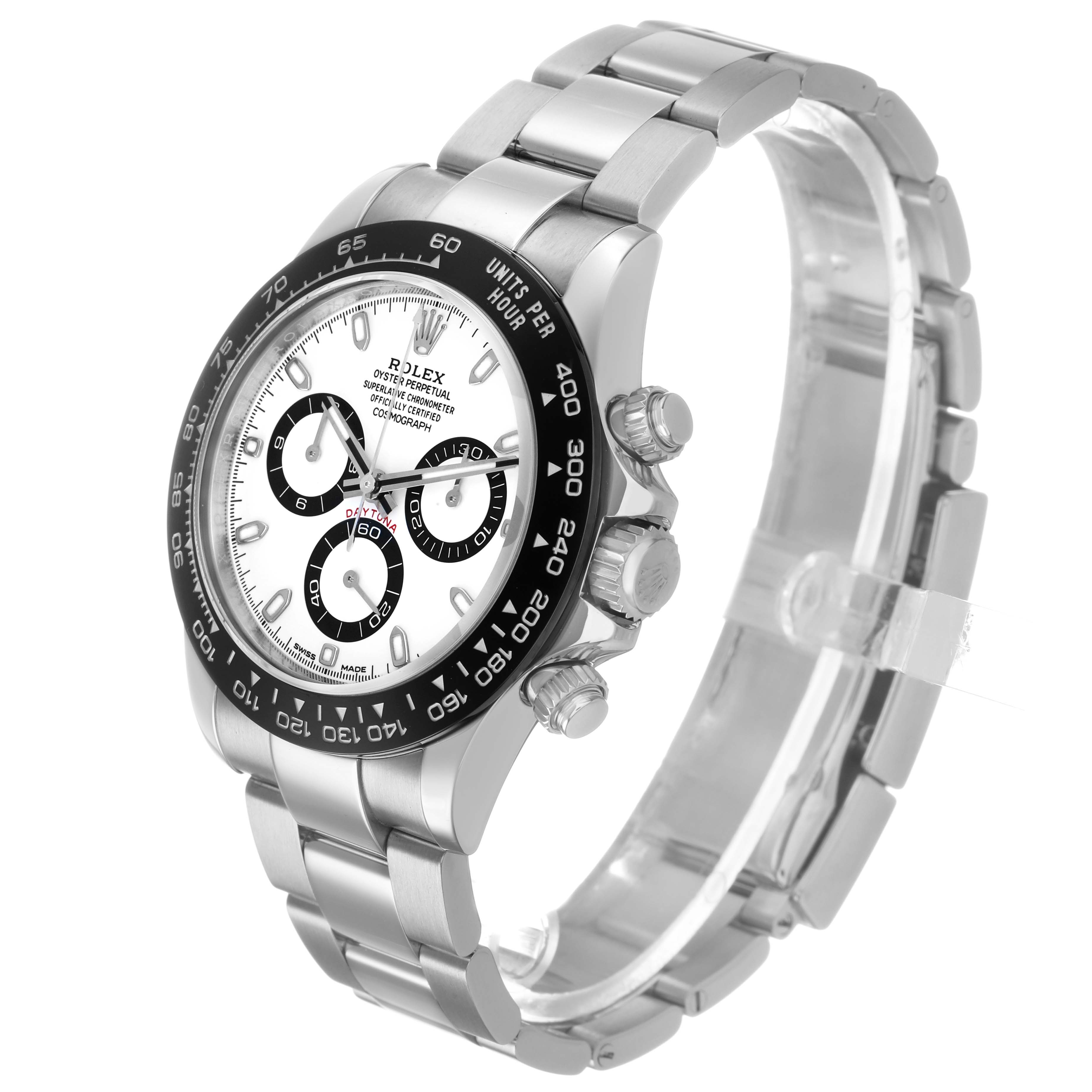 The image shows a Rolex Daytona 116500LN Men's Stainless Steel White Dial watch at a three-quarter angle, highlighting its face, bezel, and band.