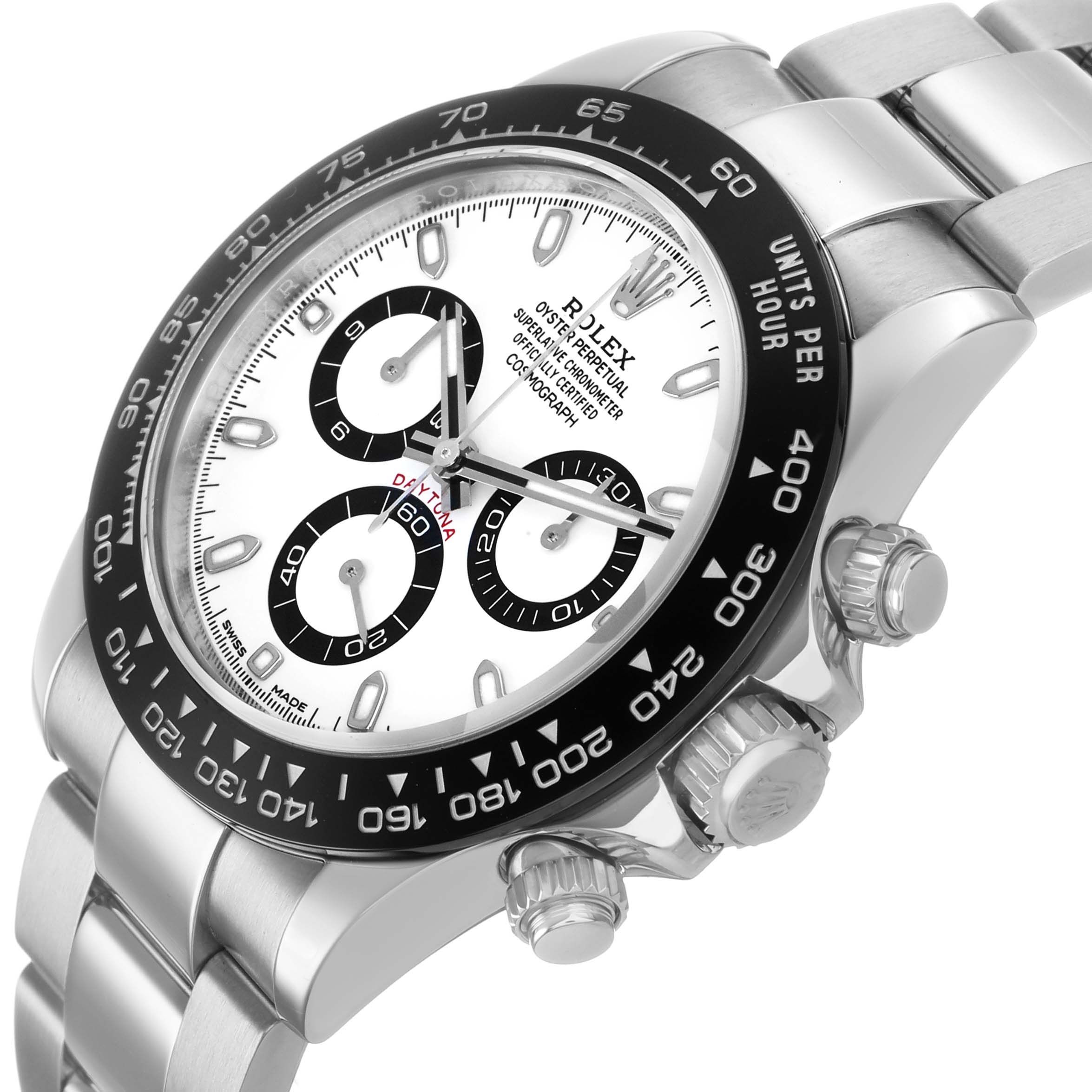 The image shows a Rolex Daytona 116500LN Men's Stainless Steel White Dial watch from a diagonal angle, highlighting the bezel, crown, dial, and bracelet.