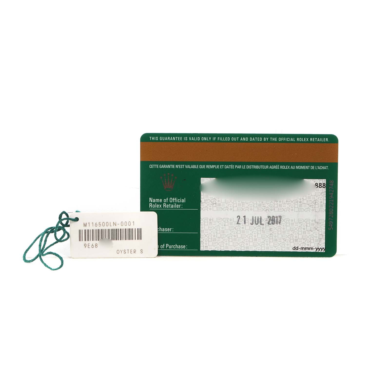 The image shows a Rolex Daytona 116500LN Men's Stainless Steel White Dial tag and warranty card, viewed from the front.