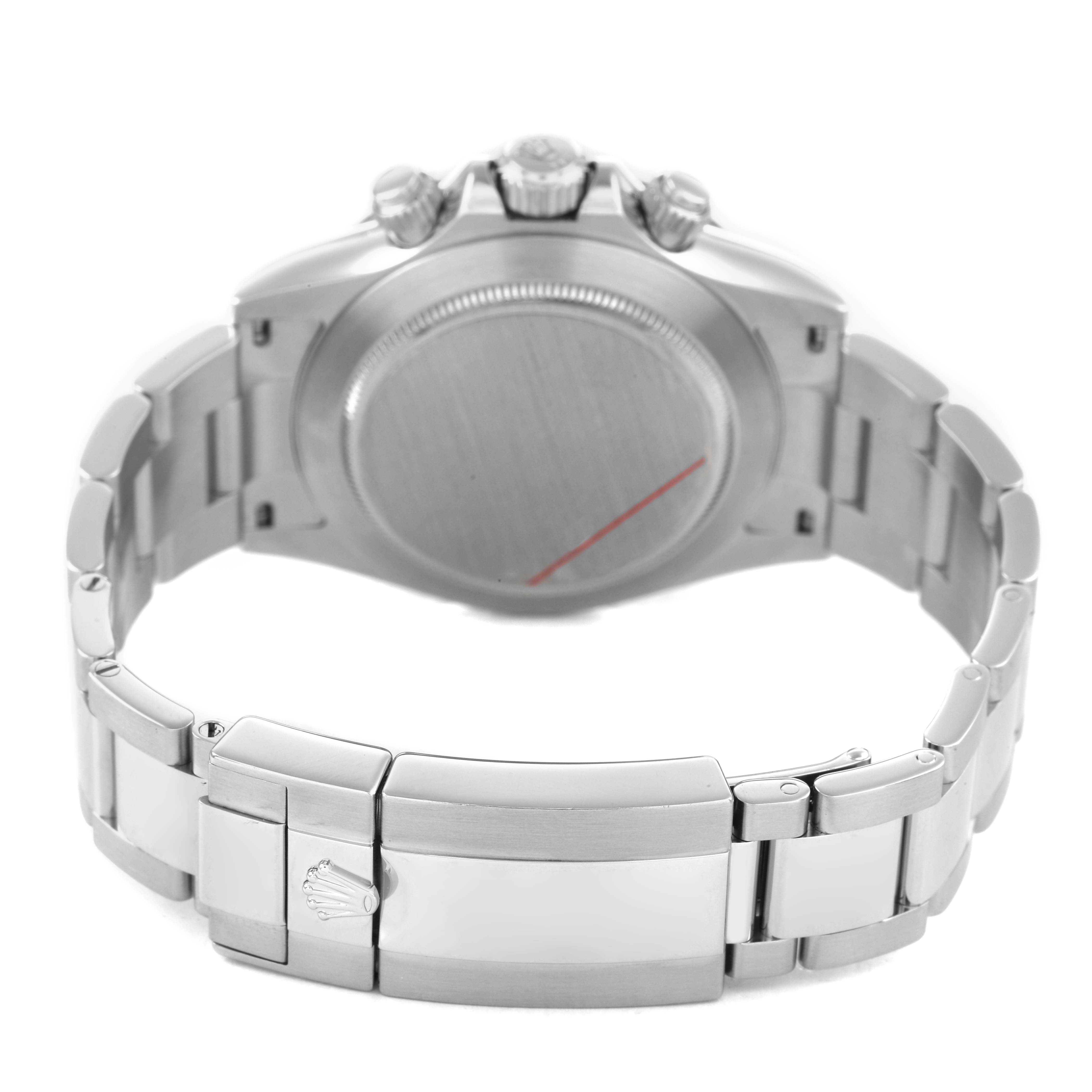 The image shows the back case, crown, and bracelet of a Rolex Daytona 116500LN Men's Stainless Steel White Dial watch, viewed from the rear.