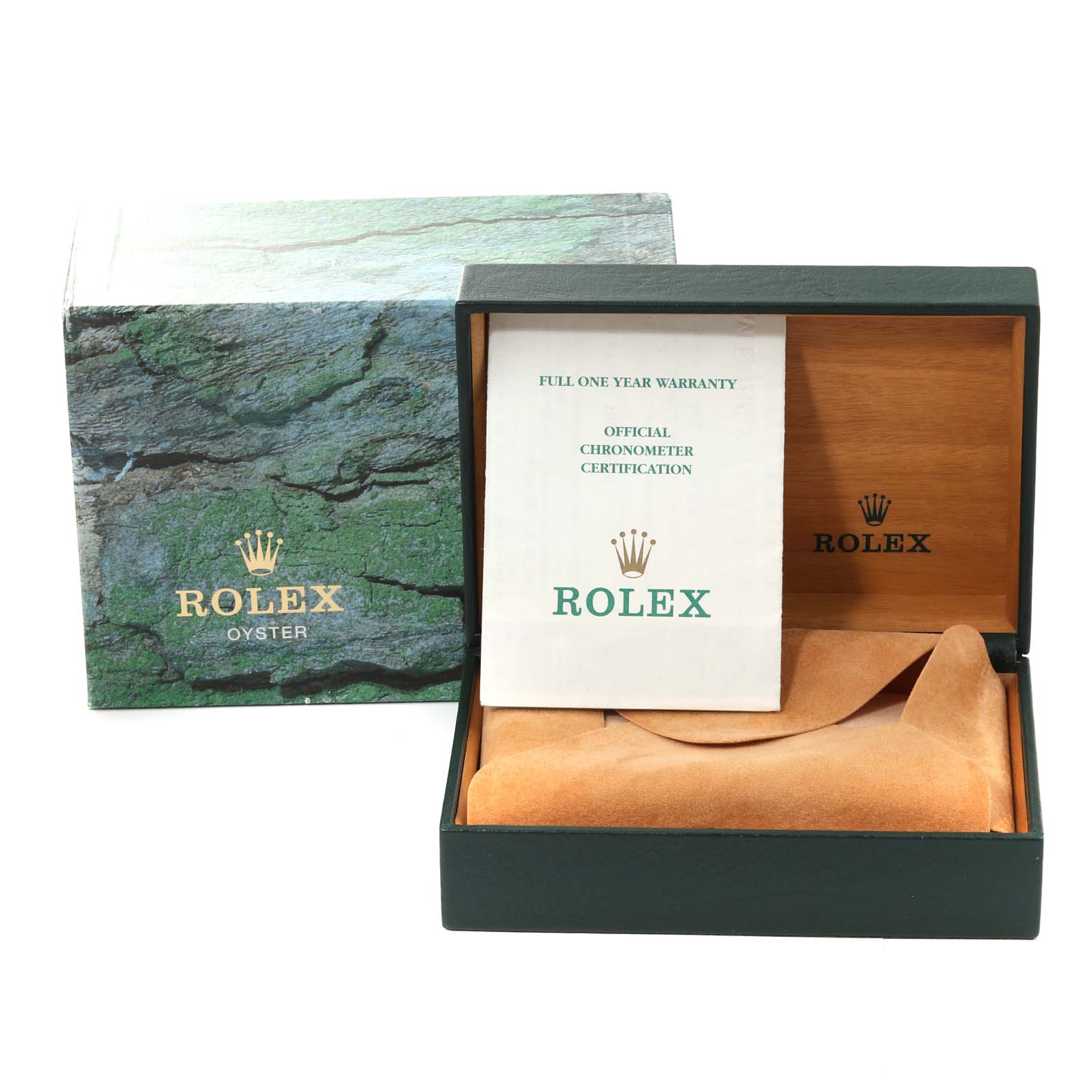 This image shows an open Rolex Daytona 16520 Men's Stainless Steel White Dial 16520 Men's Stainless Steel White Dial watch box with a warranty card and certification, alongside a closed Rolex Oyster outer box.