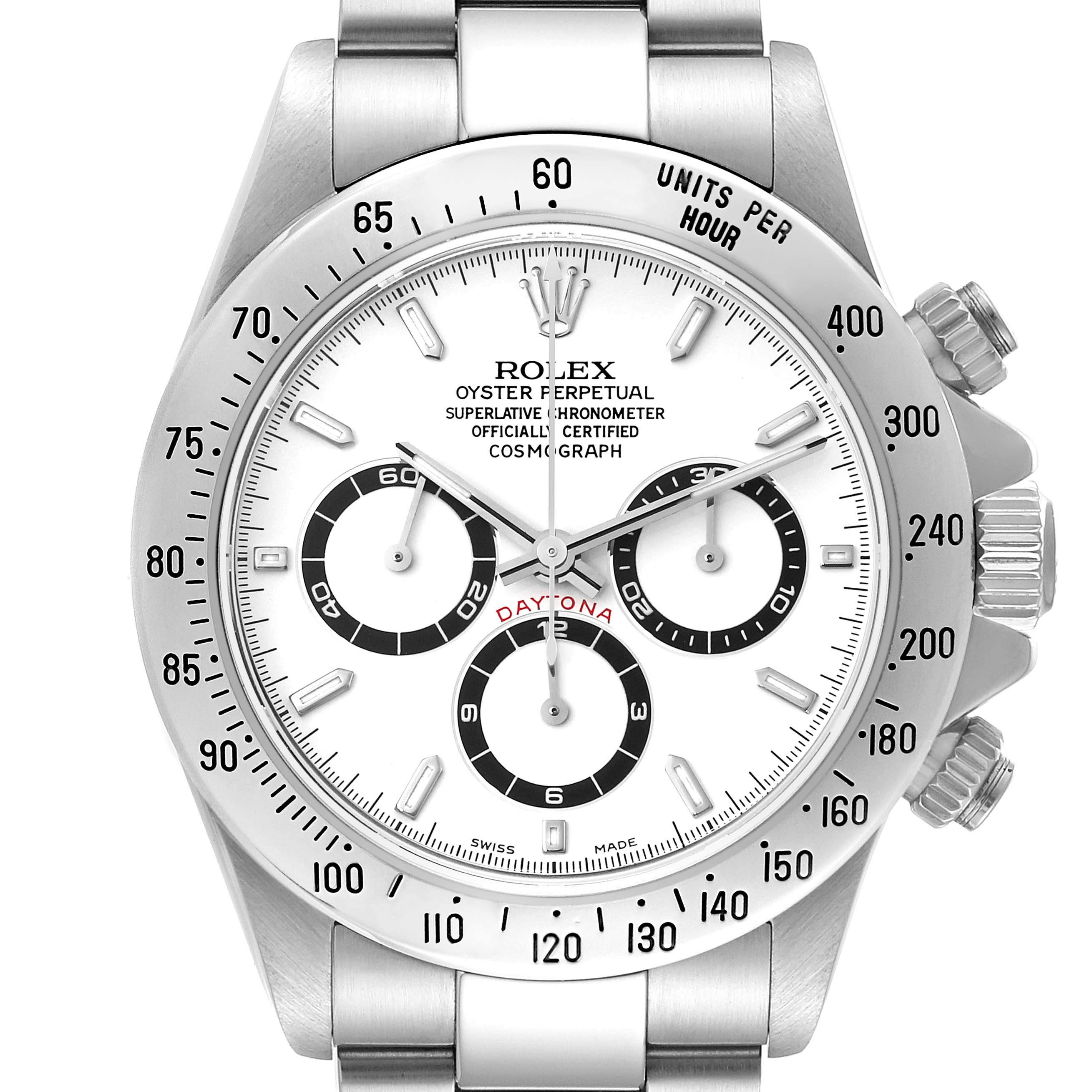 Front view of a Rolex Daytona 16520 Men's Stainless Steel White Dial 16520 Men's Stainless Steel White Dial watch showing the dial, bezel, sub-dials, hands, and part of the bracelet.