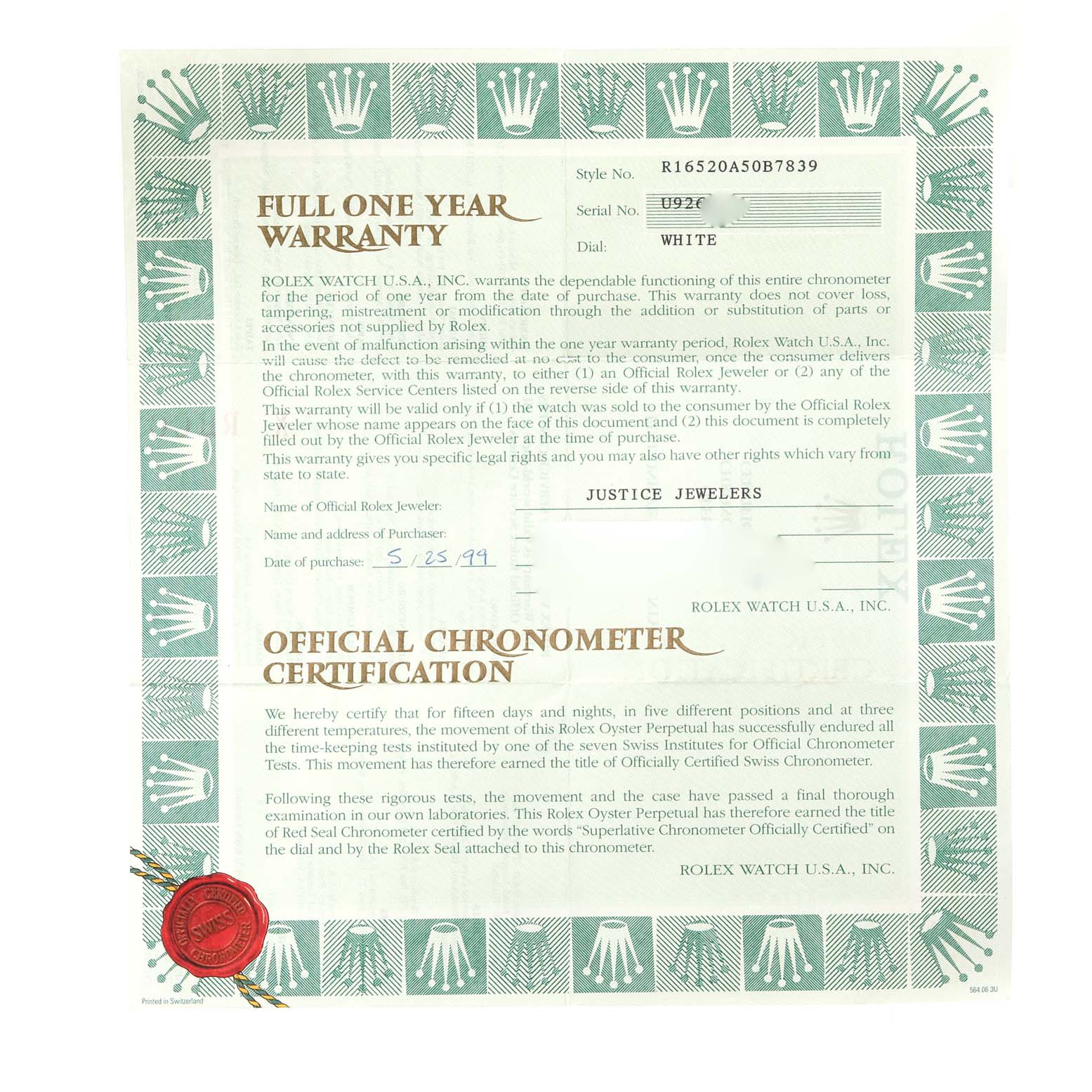 The image shows the warranty and Official Chronometer Certification for a Rolex Daytona 16520 Men's Stainless Steel White Dial 16520 Men's Stainless Steel White Dial watch.