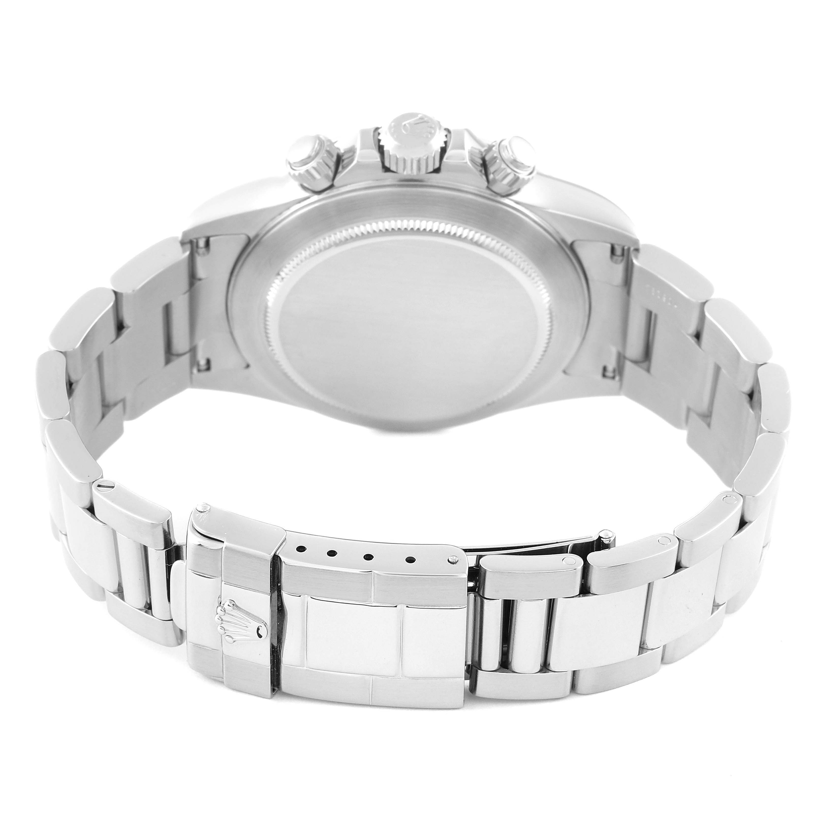 The image shows the back and bracelet of a Rolex Daytona 16520 Men's Stainless Steel White Dial 16520 Men's Stainless Steel White Dial watch, featuring its clasp and crown.