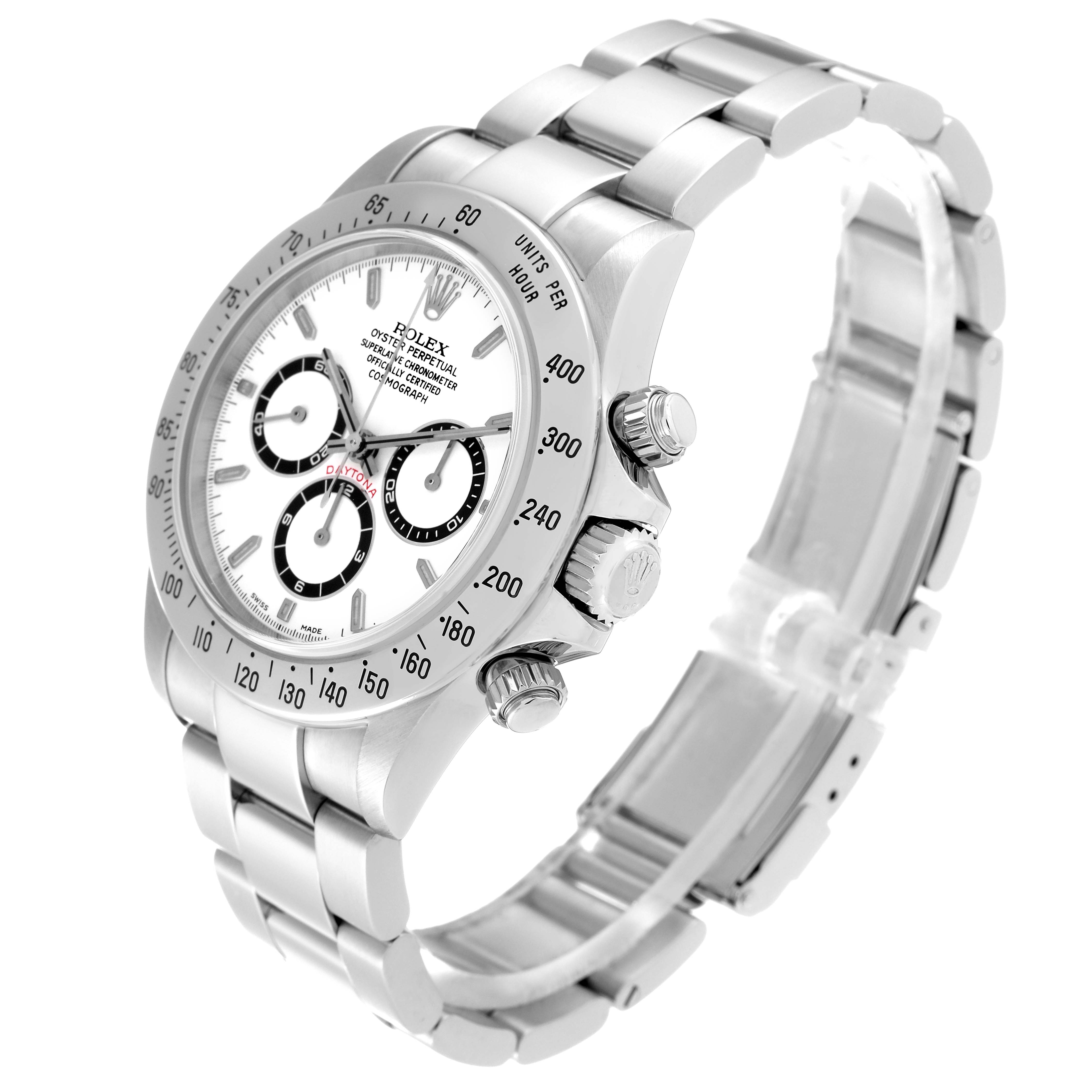 The image shows a Rolex Daytona 16520 Men's Stainless Steel White Dial 16520 Men's Stainless Steel White Dial watch at a three-quarter angle, highlighting the face, chronograph buttons, and stainless steel bracelet.