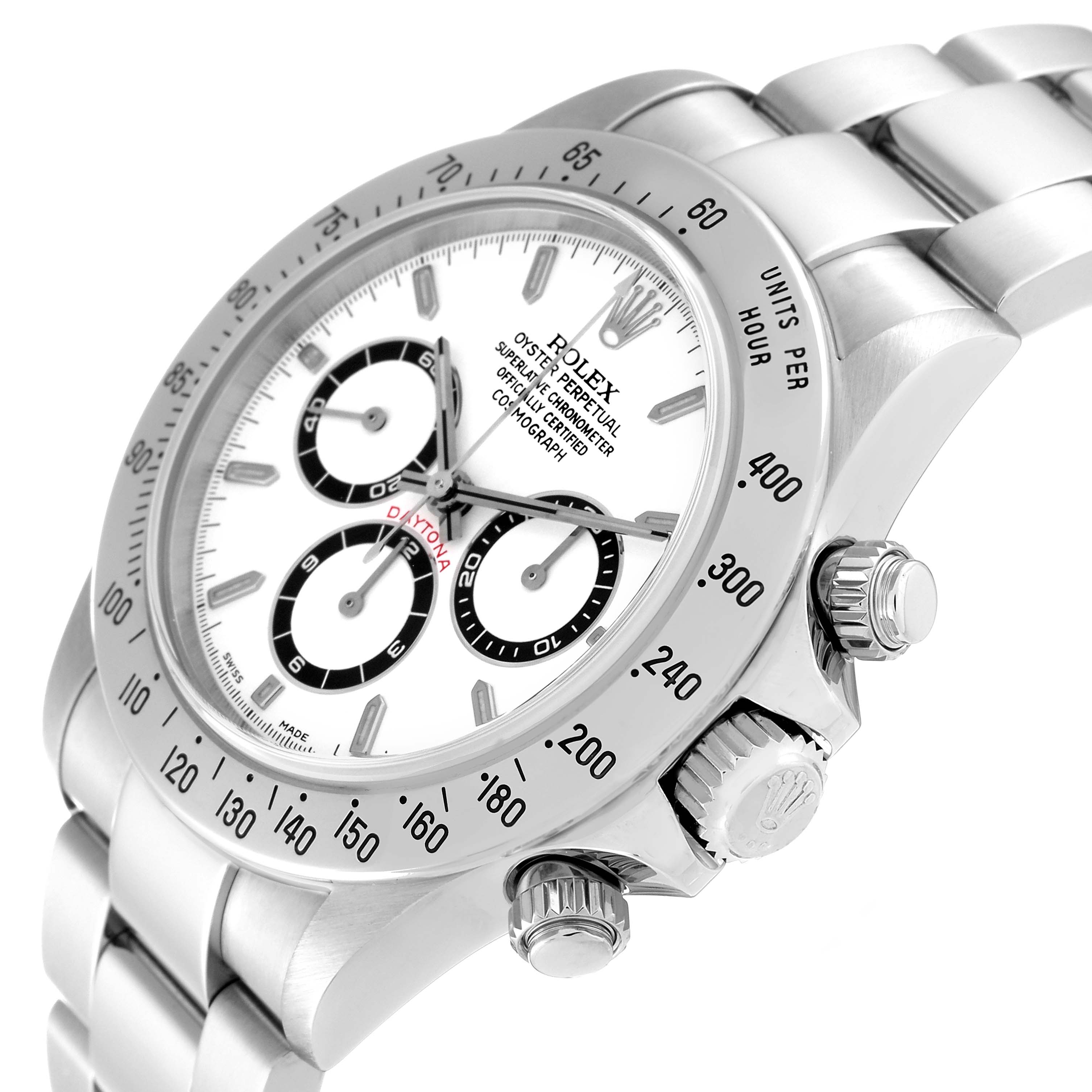 The image shows the Rolex Daytona 16520 Men's Stainless Steel White Dial 16520 Men's Stainless Steel White Dial watch from a low 45-degree angle, highlighting its crown, bezel, dial, and bracelet.