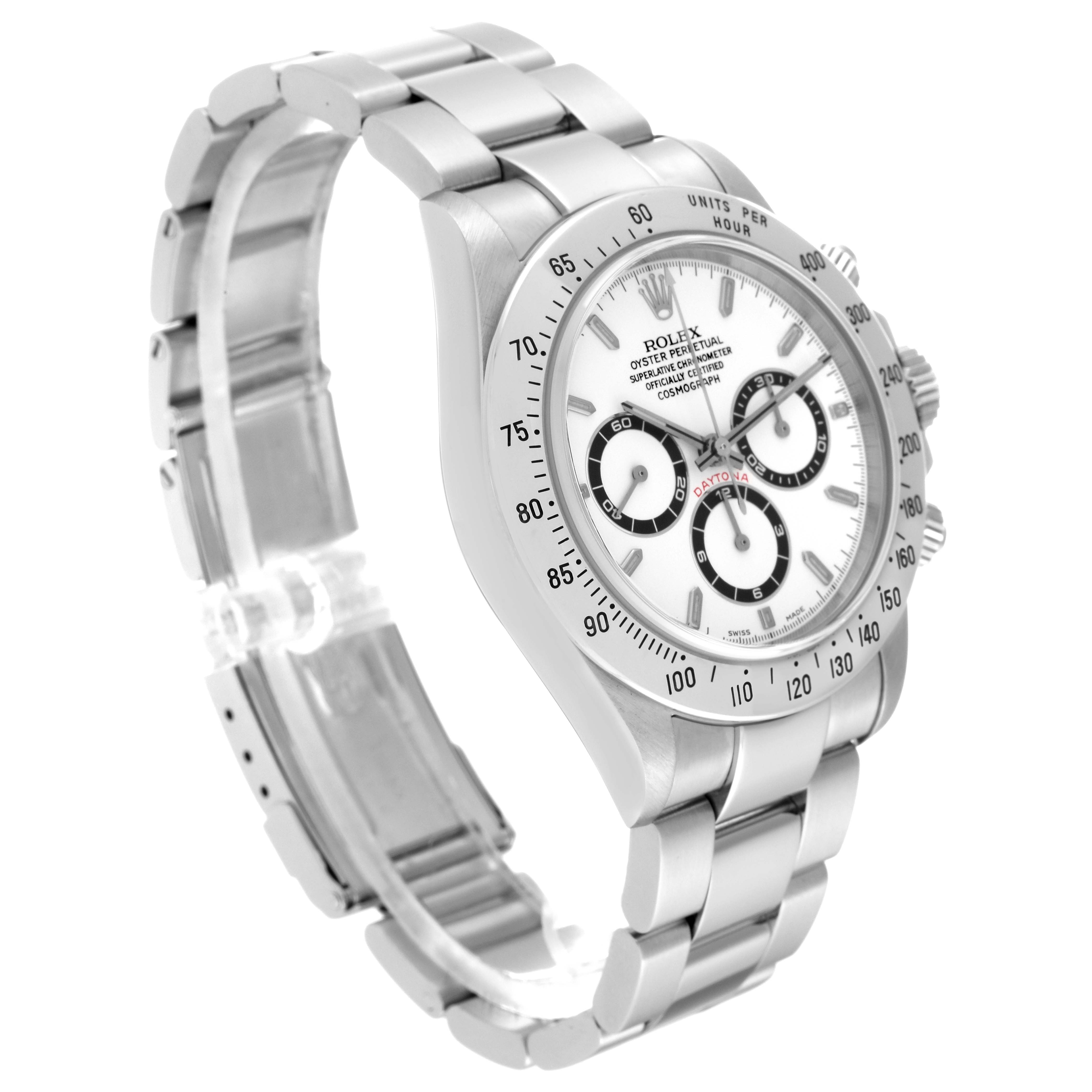The image shows a Rolex Daytona 16520 Men's Stainless Steel White Dial 16520 Men's Stainless Steel White Dial watch at a three-quarter angle, highlighting the face, bezel, and bracelet.