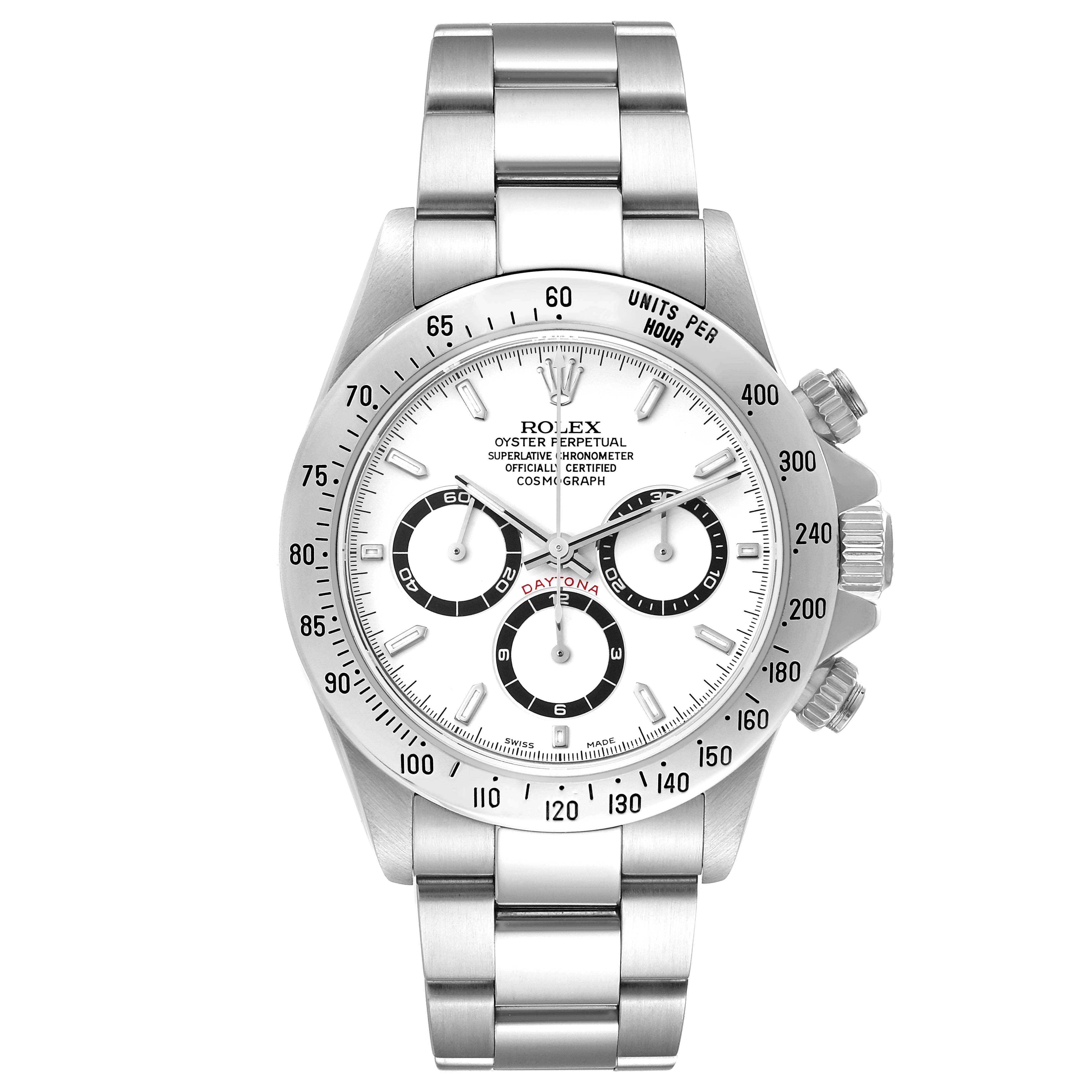 The image shows a front view of a Rolex Daytona 16520 Men's Stainless Steel White Dial 16520 Men's Stainless Steel White Dial watch, displaying its face, bezel, crown, and bracelet.