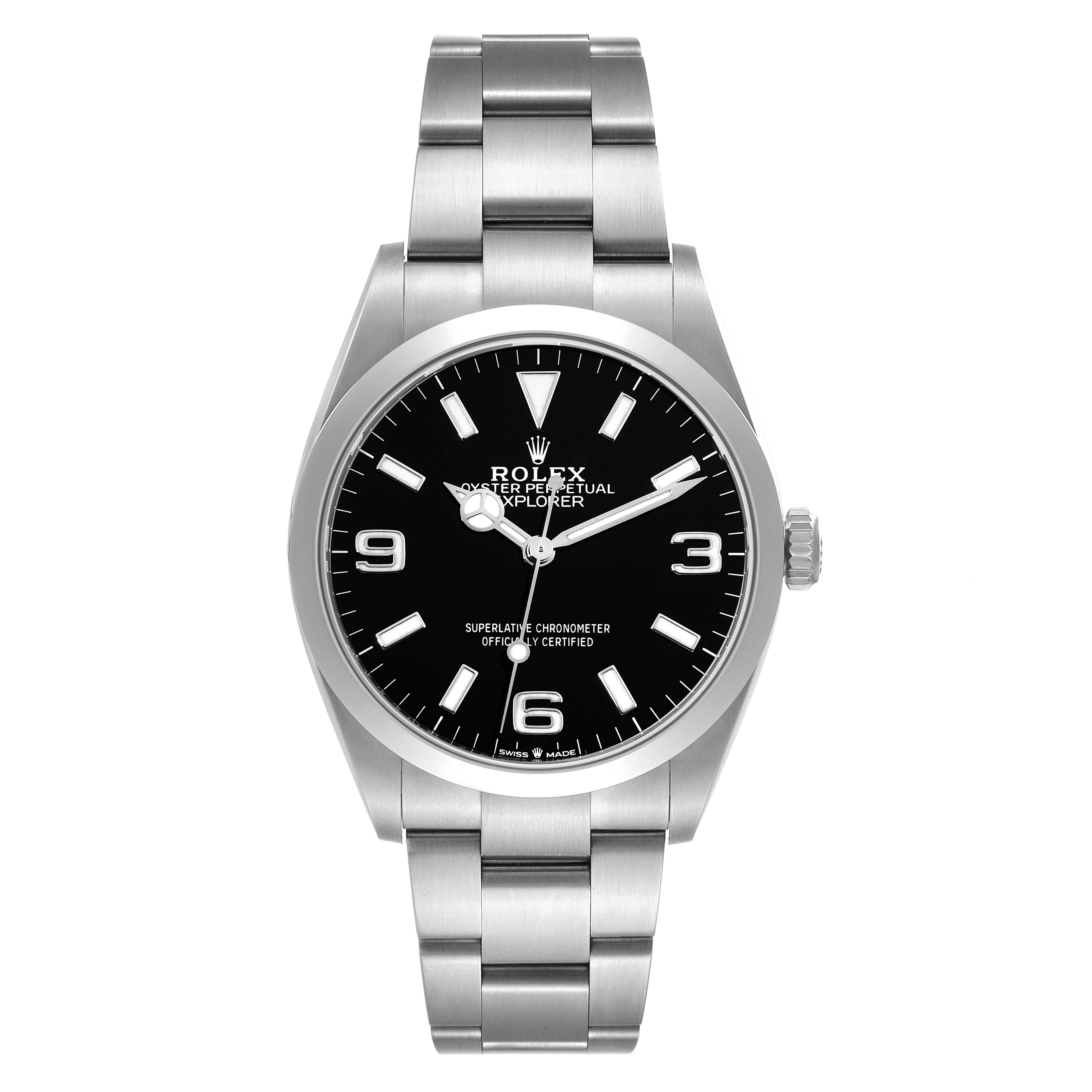 The image shows a front view of a Rolex Explorer 124270 Men
s Stainless Steel Black Dial 124270 Men
s Stainless Steel Black Dial watch, featuring a black dial, stainless steel case, and bracelet.