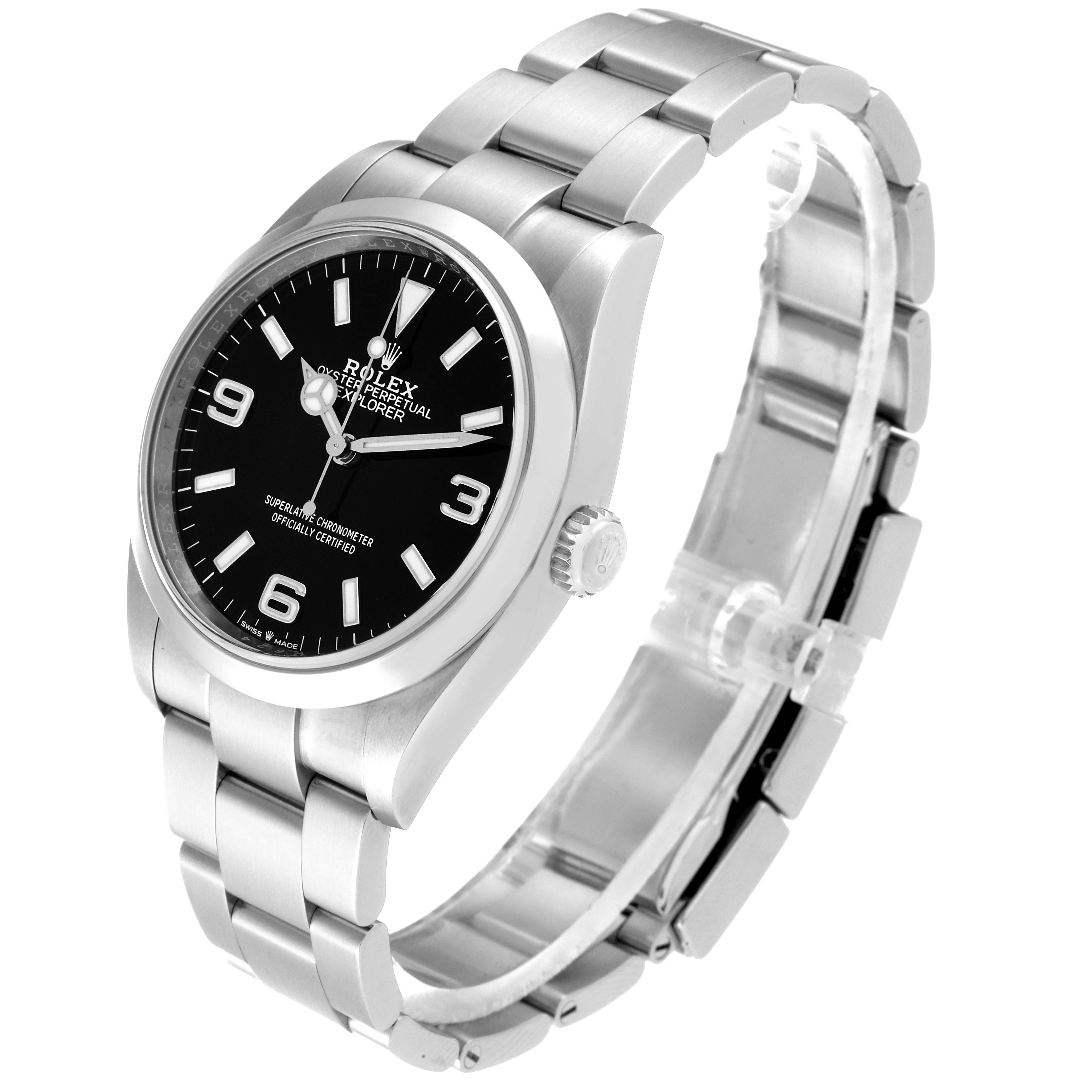 The Rolex Explorer 124270 Men
s Stainless Steel Black Dial 124270 Men
s Stainless Steel Black Dial watch is shown at an angled view of the front face and bracelet.