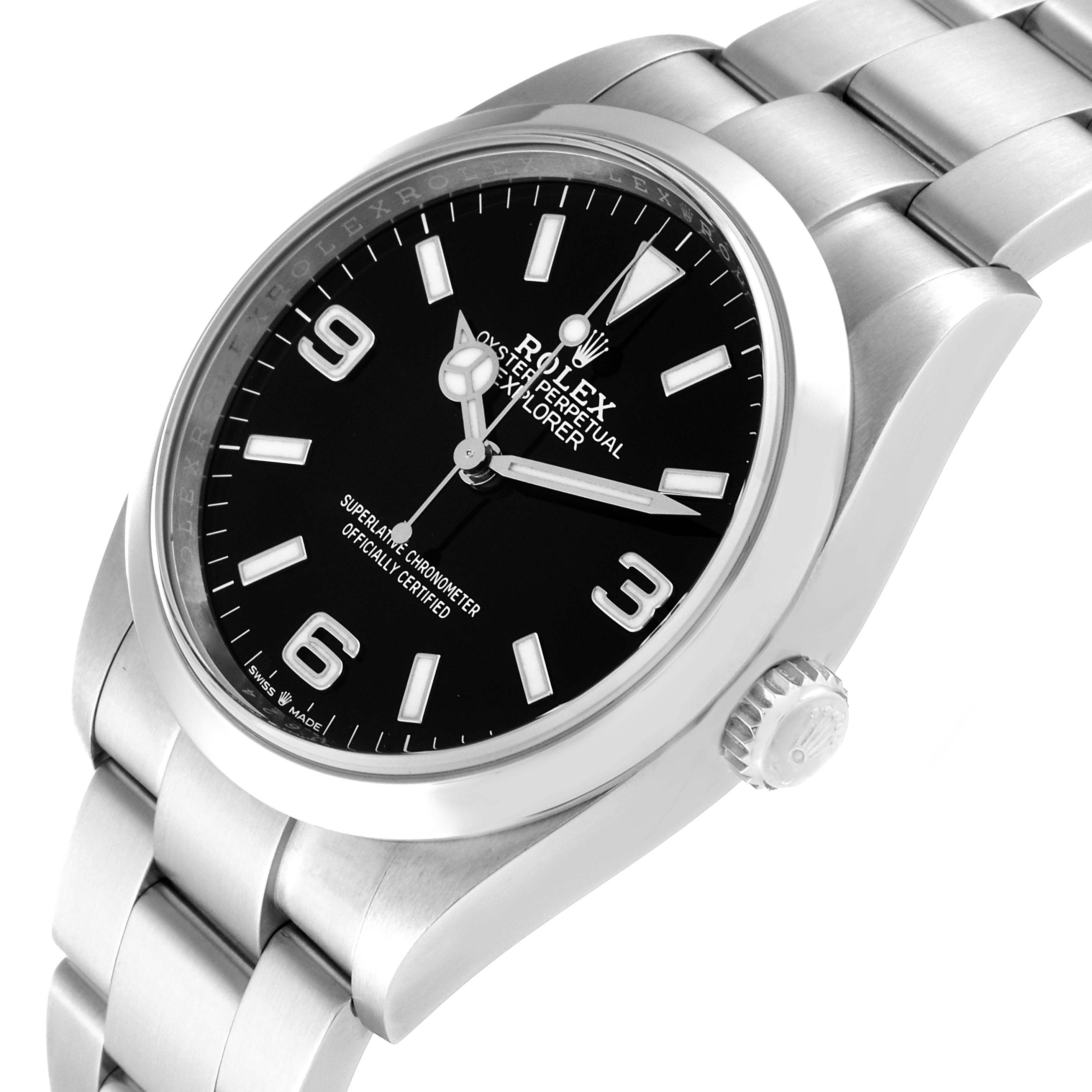 This image shows a Rolex Explorer 124270 Men
s Stainless Steel Black Dial 124270 Men
s Stainless Steel Black Dial watch at a three-quarter angle, displaying the dial, crown, and part of the bracelet.
