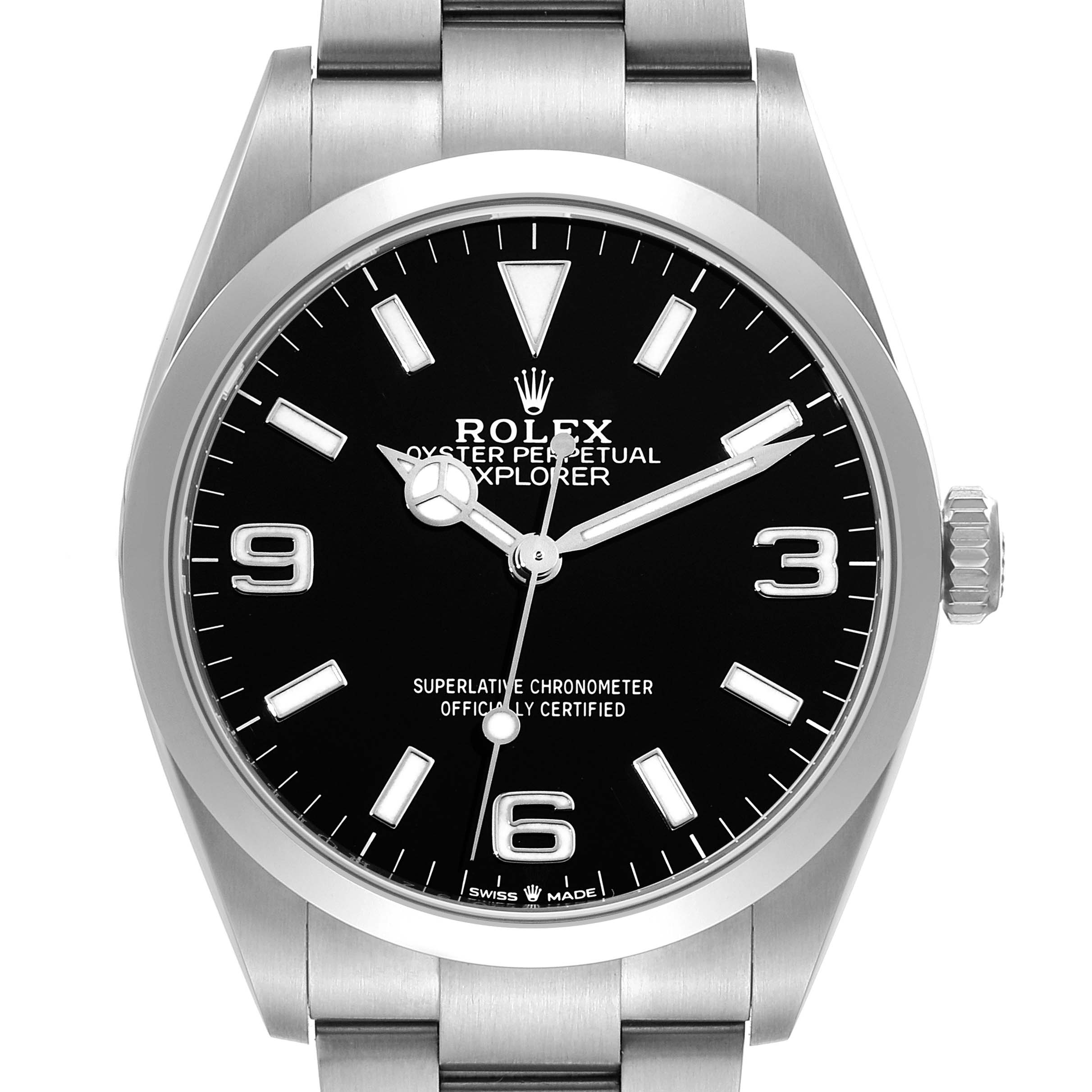 The image shows the front view of a Rolex Explorer 124270 Men
s Stainless Steel Black Dial 124270 Men
s Stainless Steel Black Dial watch, highlighting its black dial, hands, indices, and part of its stainless steel bracelet.