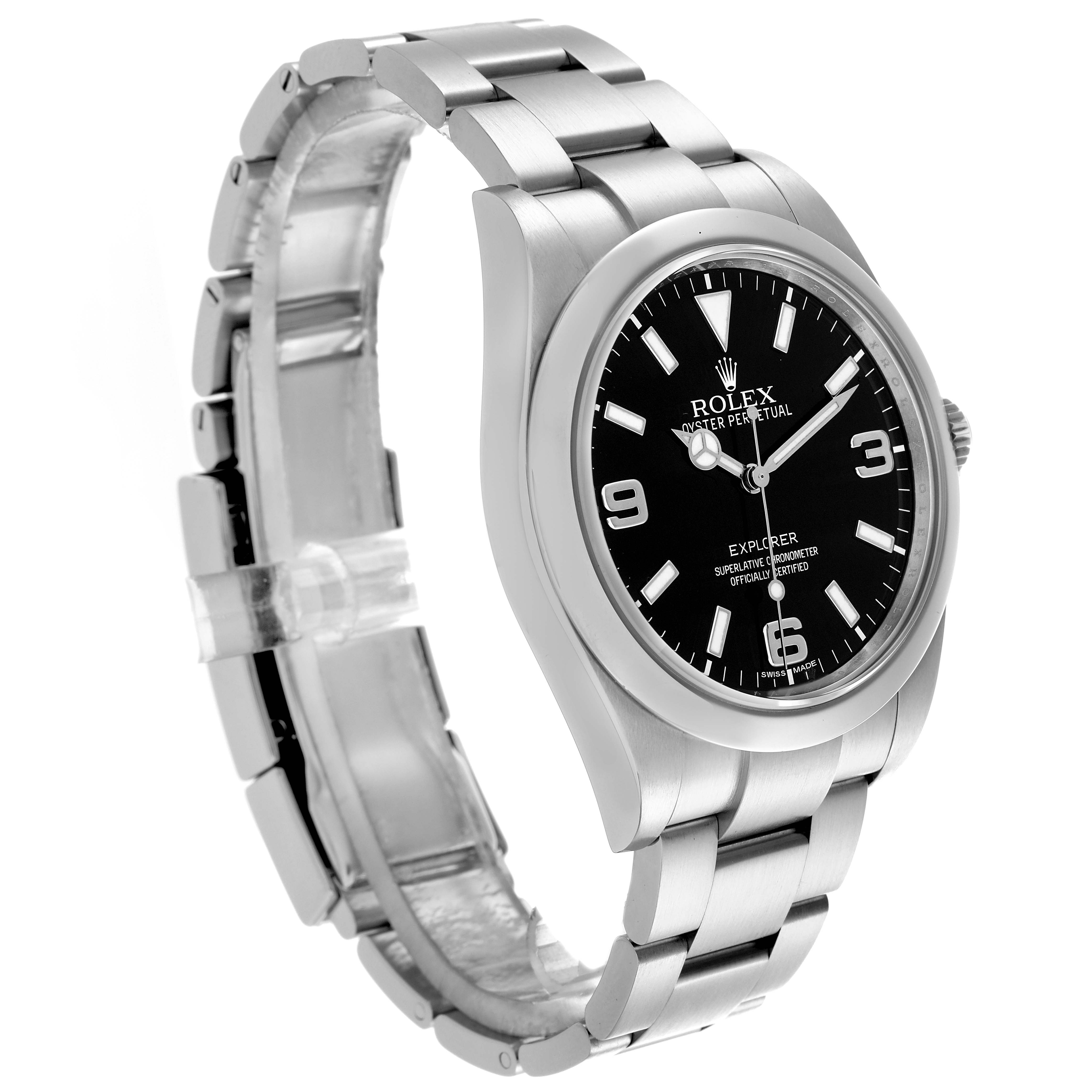 The Rolex Explorer 214270 Men
s Stainless Steel Black Dial 214270 Men
s Stainless Steel Black Dial watch is shown at a three-quarter angle, highlighting the dial, bezel, crown, and stainless steel bracelet.