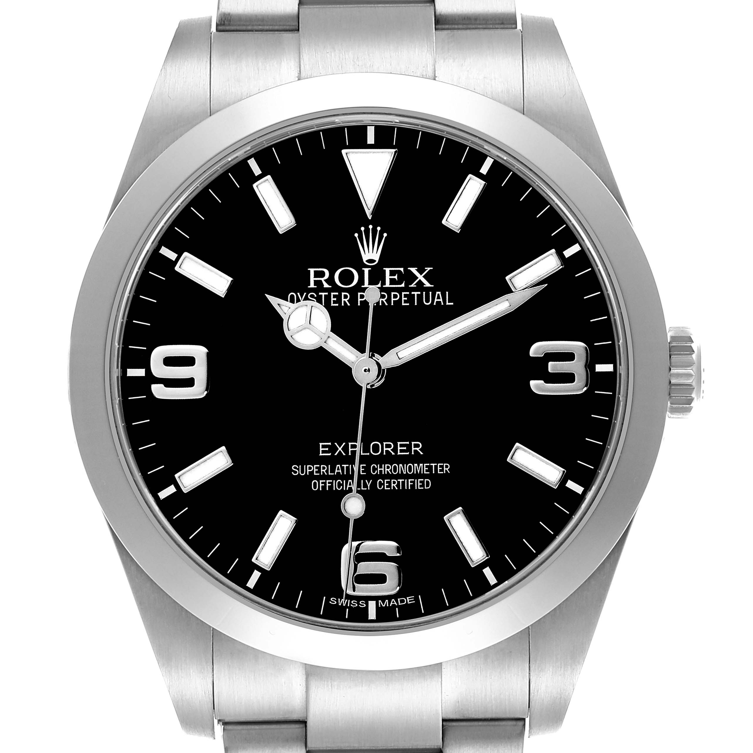 The Rolex Explorer 214270 Men
s Stainless Steel Black Dial 214270 Men
s Stainless Steel Black Dial watch is shown from a front view, highlighting the dial, bezel, and bracelet.