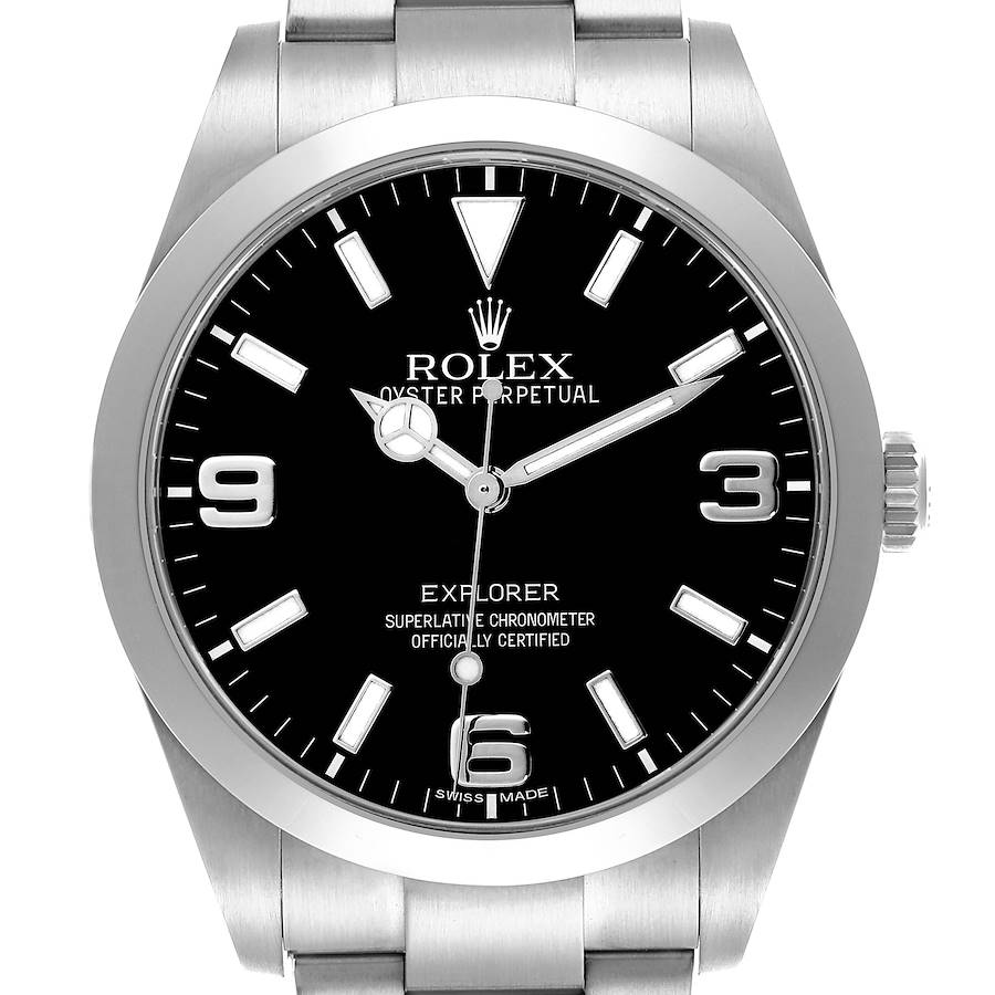 The Rolex Explorer watch is shown from a front view, highlighting the dial, bezel, and bracelet.