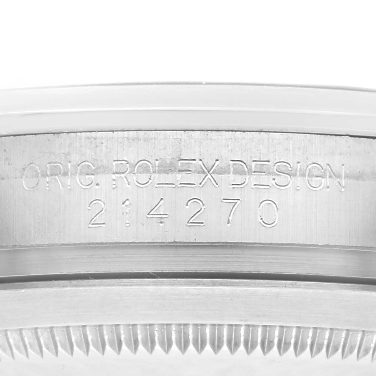 The image shows a close-up of the side of the Rolex Explorer 214270 Men
s Stainless Steel Black Dial 214270 Men
s Stainless Steel Black Dial watch case with engraved model number "214270".