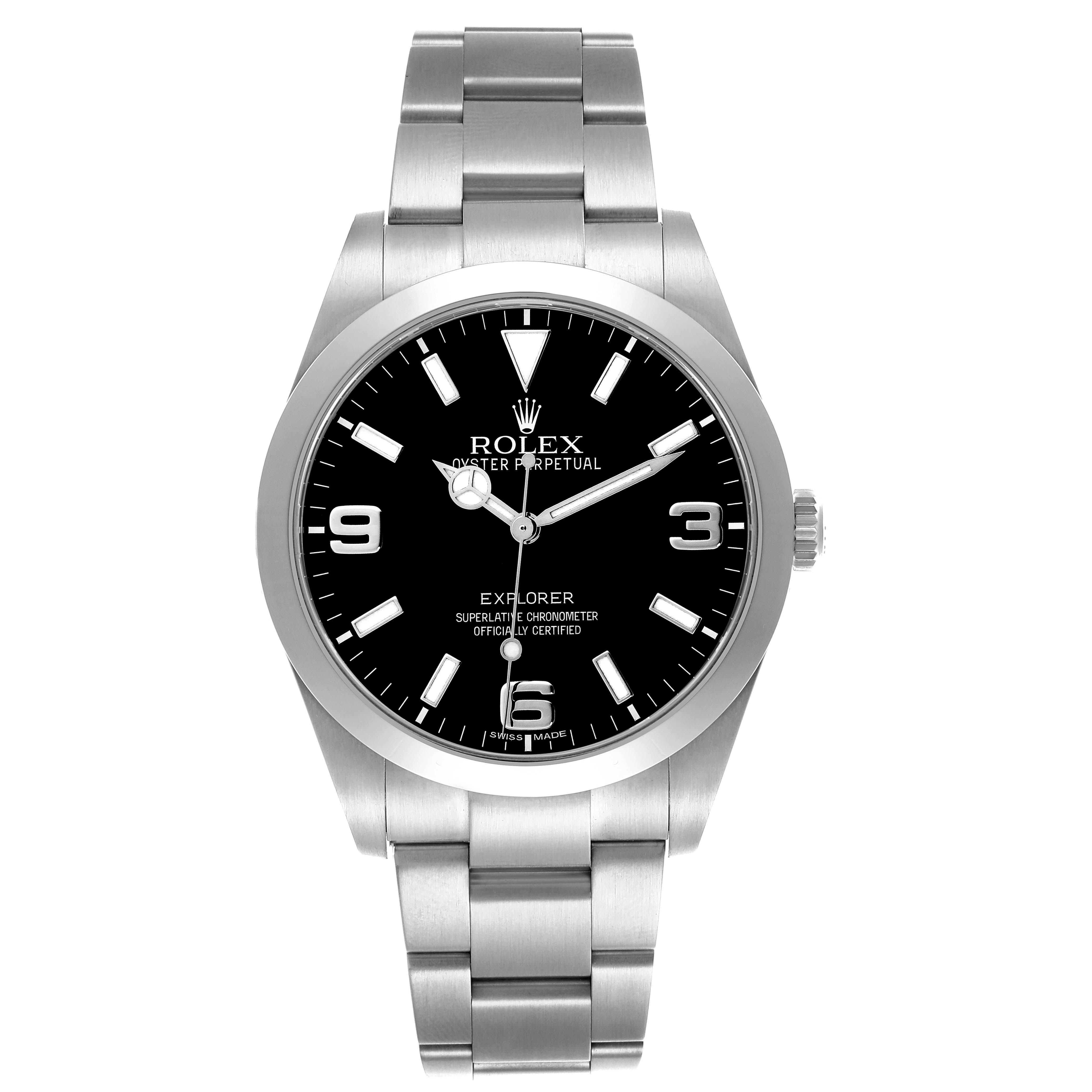 The Rolex Explorer 214270 Men
s Stainless Steel Black Dial 214270 Men
s Stainless Steel Black Dial watch is shown from the front, displaying the dial, hands, case, and bracelet.