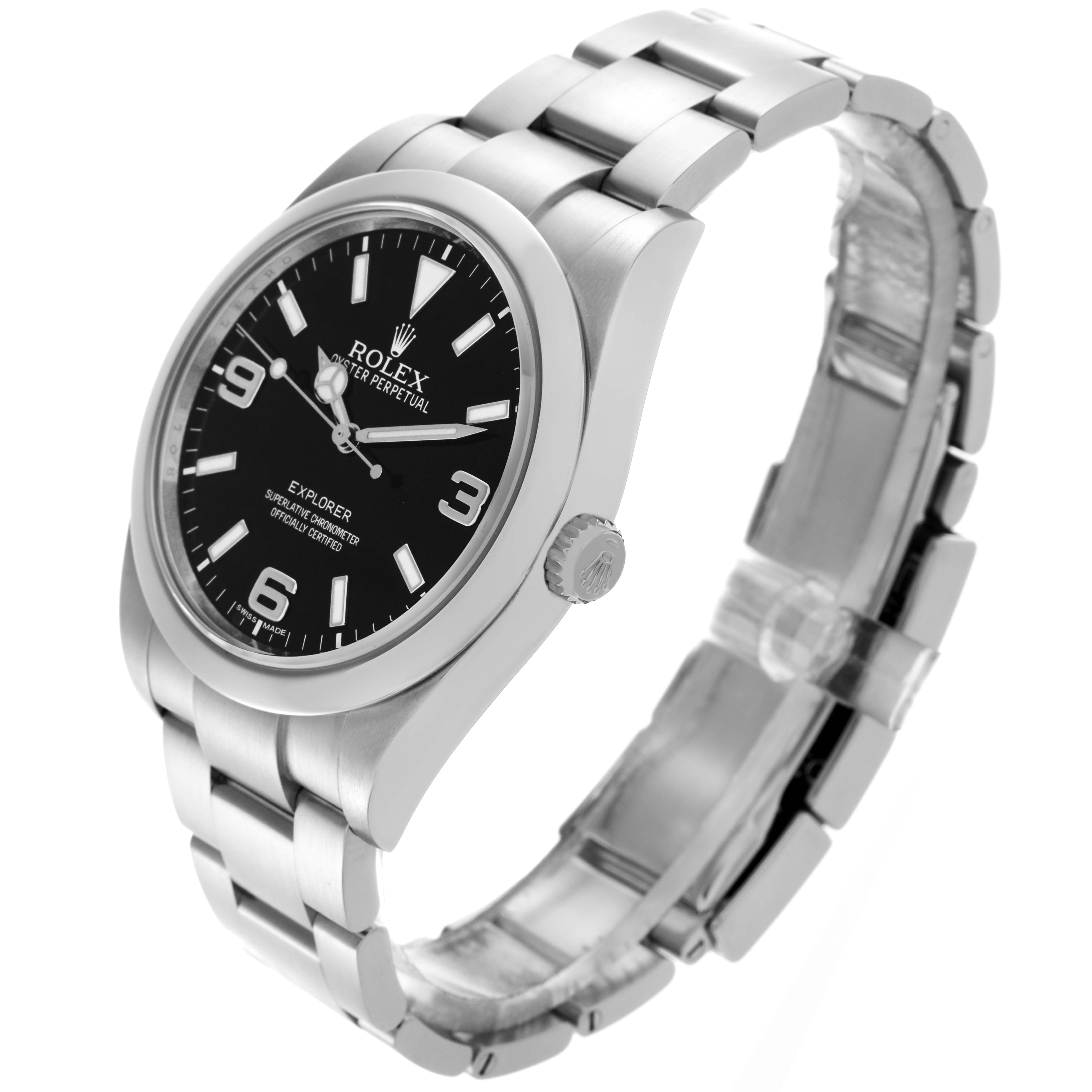 The Rolex Explorer 214270 Men
s Stainless Steel Black Dial 214270 Men
s Stainless Steel Black Dial watch is shown at a three-quarter angle, highlighting the dial, crown, and bracelet.