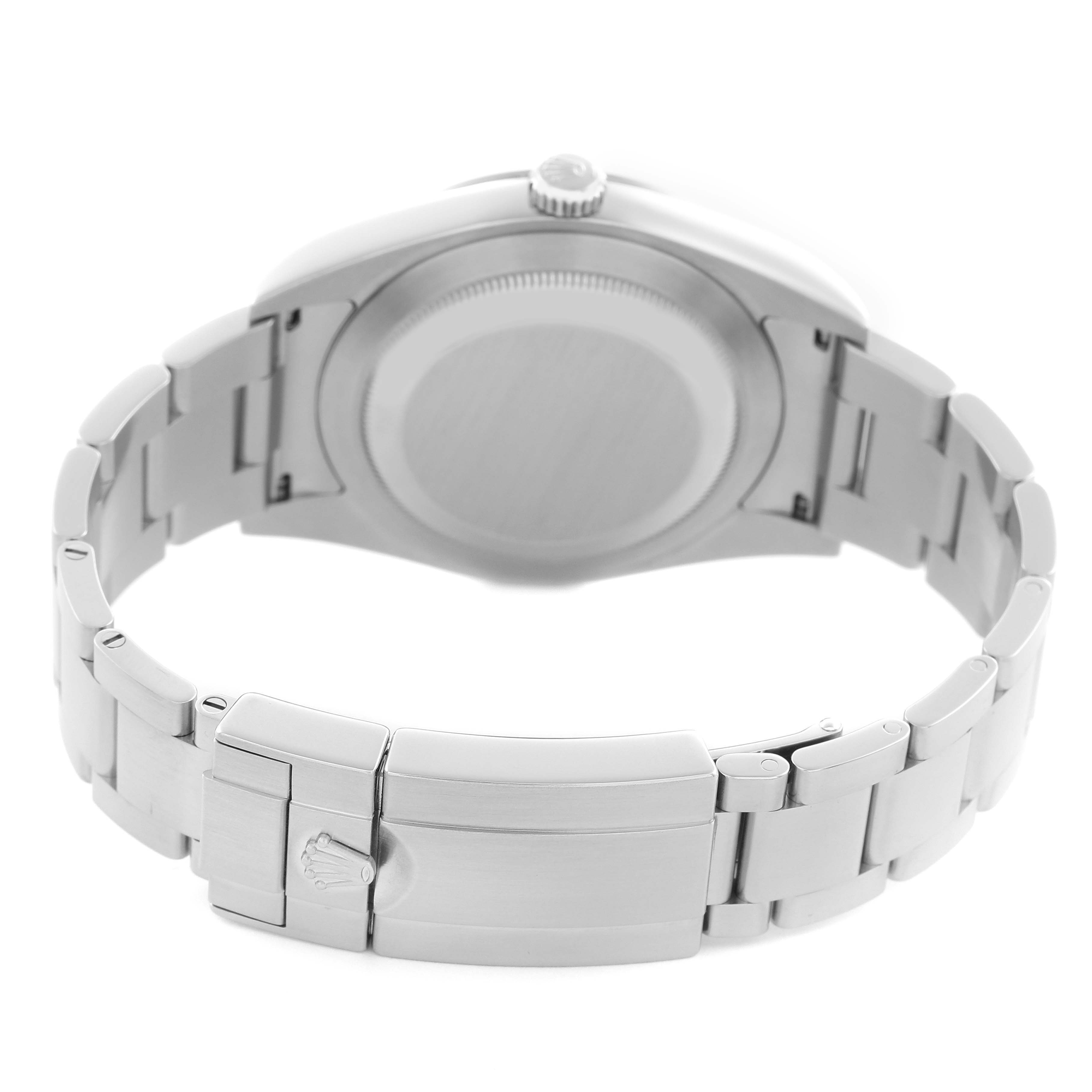 The image shows a Rolex Explorer 214270 Men
s Stainless Steel Black Dial 214270 Men
s Stainless Steel Black Dial watch from the back, highlighting the case back, crown, and bracelet clasp.