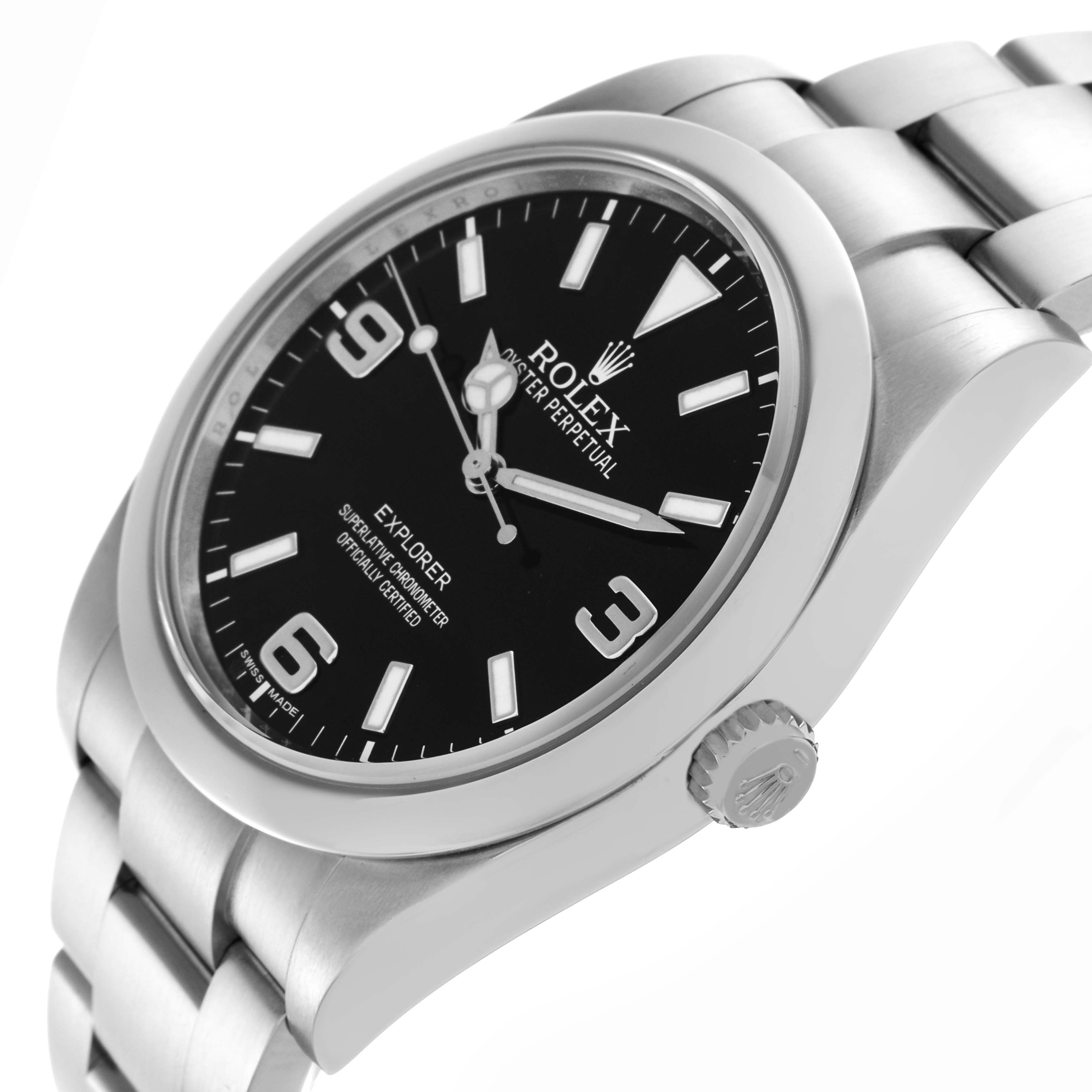 The Rolex Explorer 214270 Men
s Stainless Steel Black Dial 214270 Men
s Stainless Steel Black Dial watch is shown at a side angle, highlighting the dial, bezel, crown, and part of the bracelet.