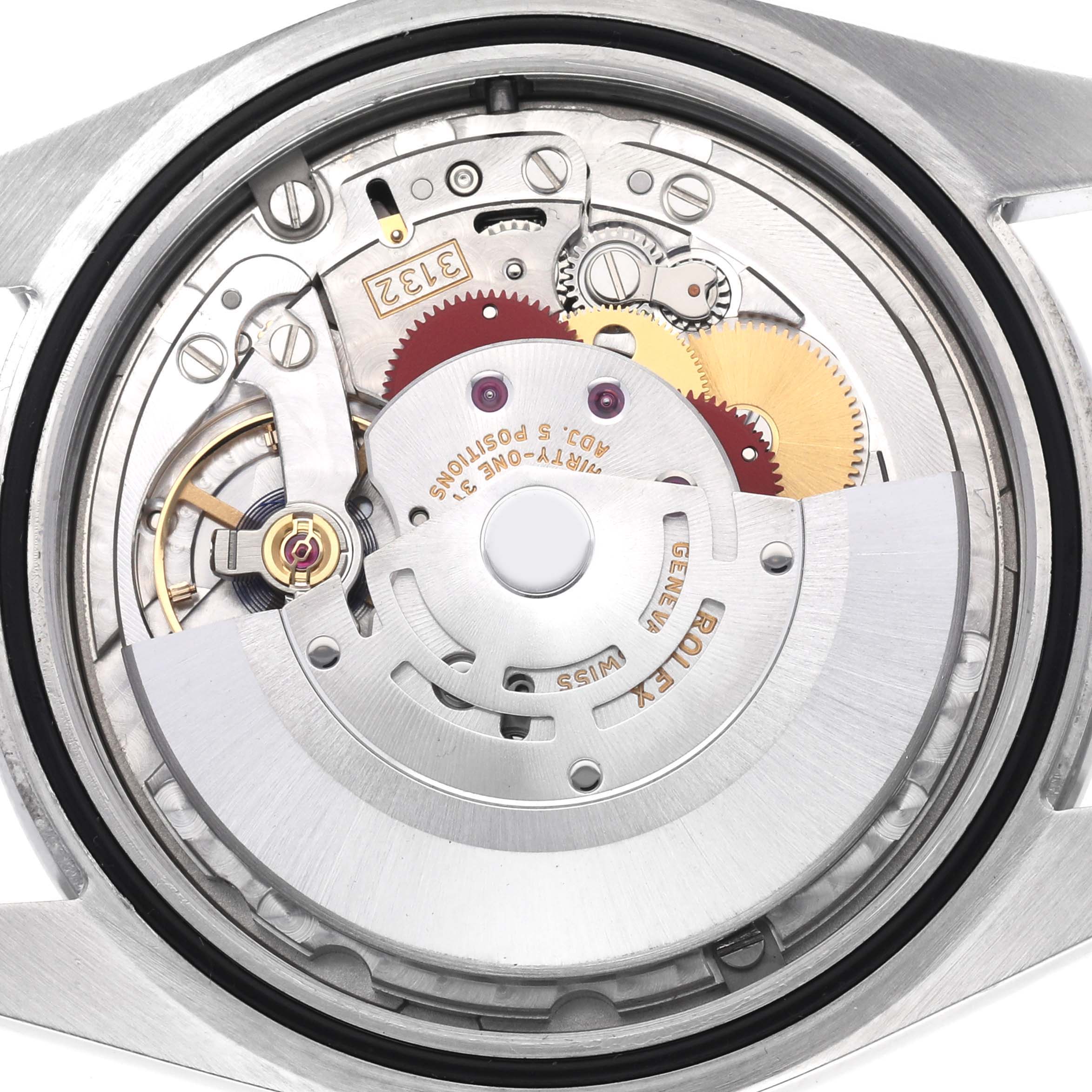 This image shows the movement mechanism of a Rolex Explorer 214270 Men
s Stainless Steel Black Dial 214270 Men
s Stainless Steel Black Dial watch from a back angle, highlighting gears and rotors.