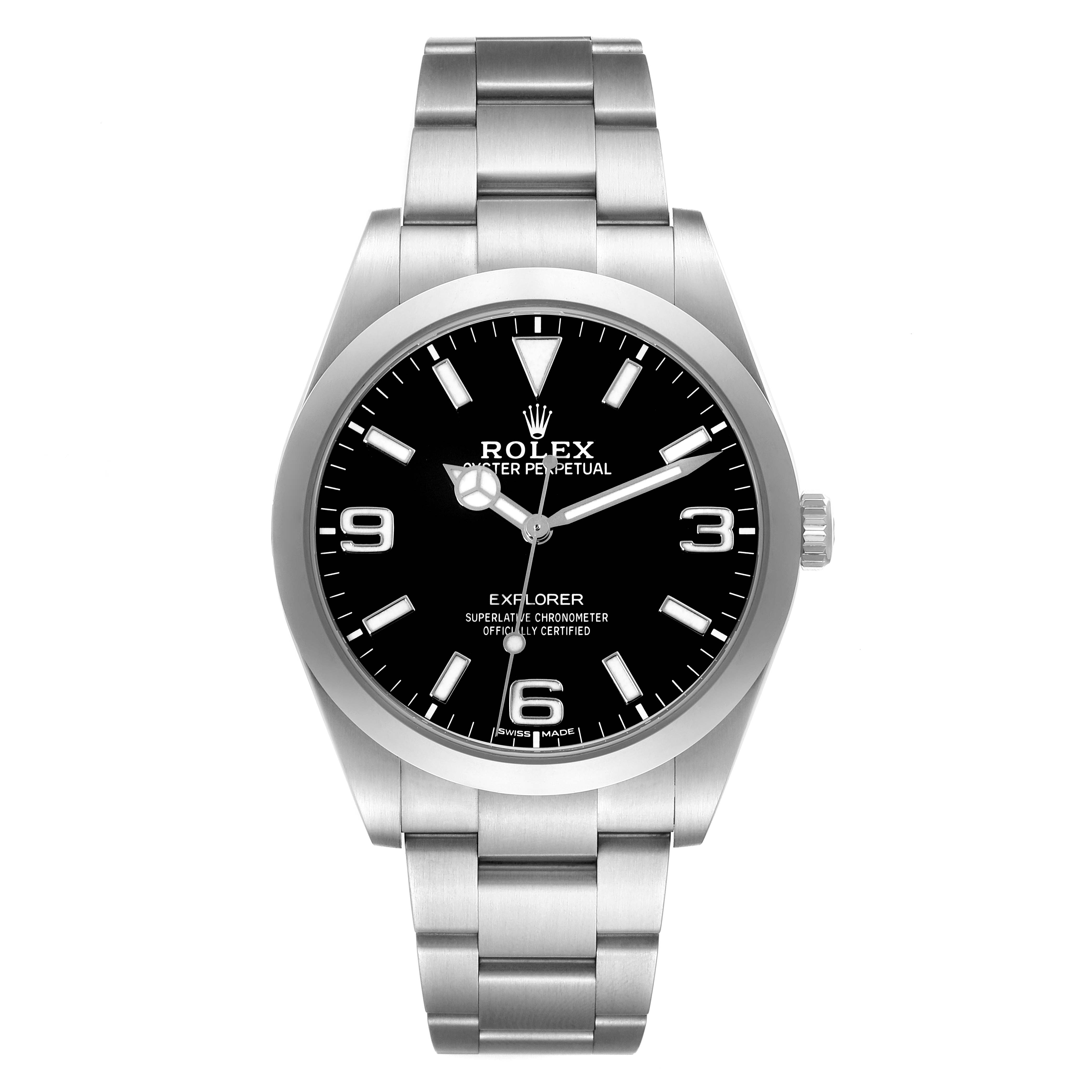 The image shows a front view of a Rolex Explorer 214270 Men
s Stainless Steel Black Dial 214270 Men
s Stainless Steel Black Dial watch, featuring its black dial, numerals, hands, and metal bracelet.