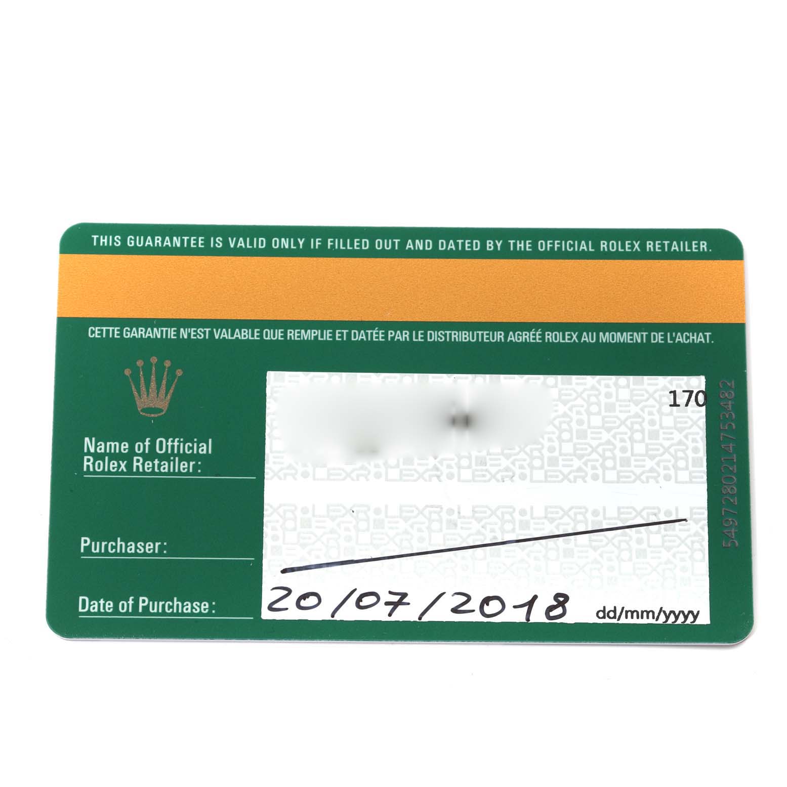 This is an image of the warranty card for a Rolex Explorer 214270 Men
s Stainless Steel Black Dial 214270 Men
s Stainless Steel Black Dial watch, showing details like the retailer
s name, purchaser, and date of purchase.