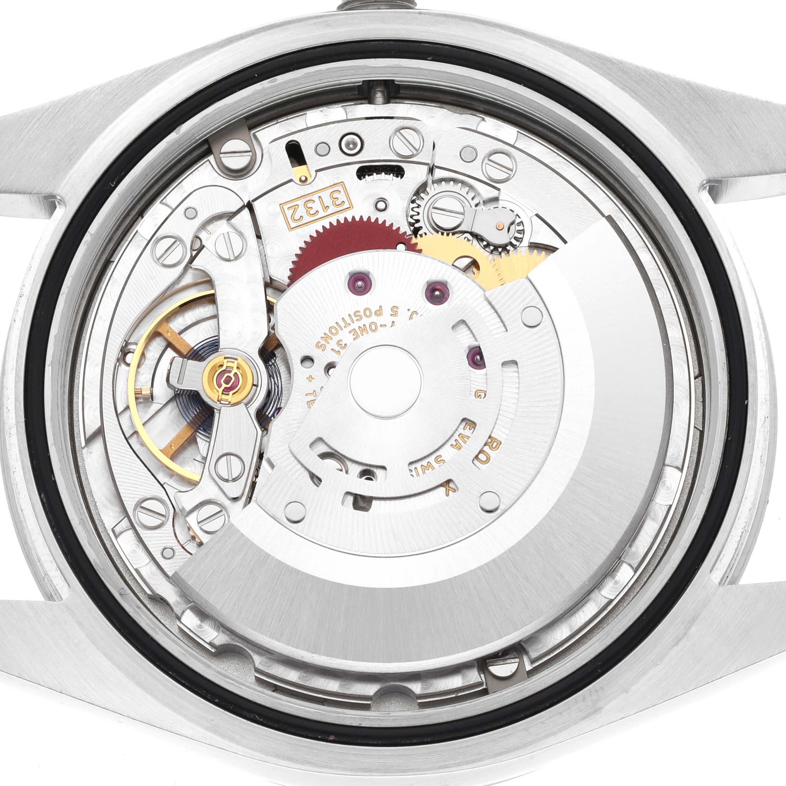 This image shows the internal mechanical parts of a Rolex Explorer 214270 Men
s Stainless Steel Black Dial 214270 Men
s Stainless Steel Black Dial watch from a rear, open case-back view.