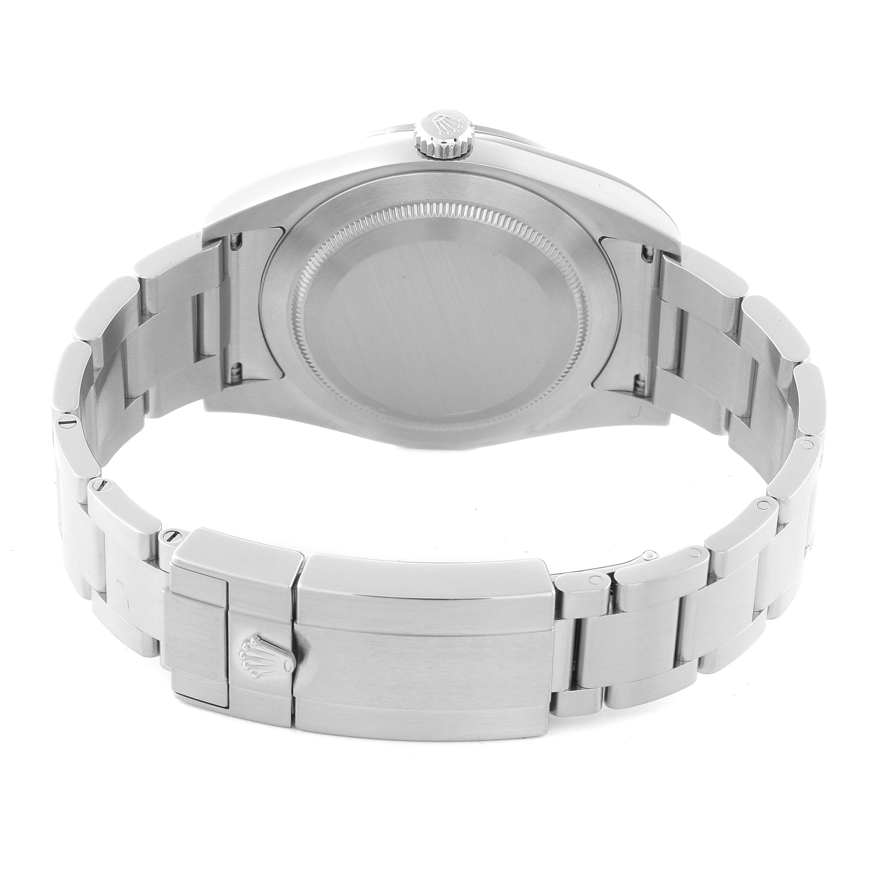 The image shows the back and bracelet of a Rolex Explorer 214270 Men
s Stainless Steel Black Dial 214270 Men
s Stainless Steel Black Dial watch.