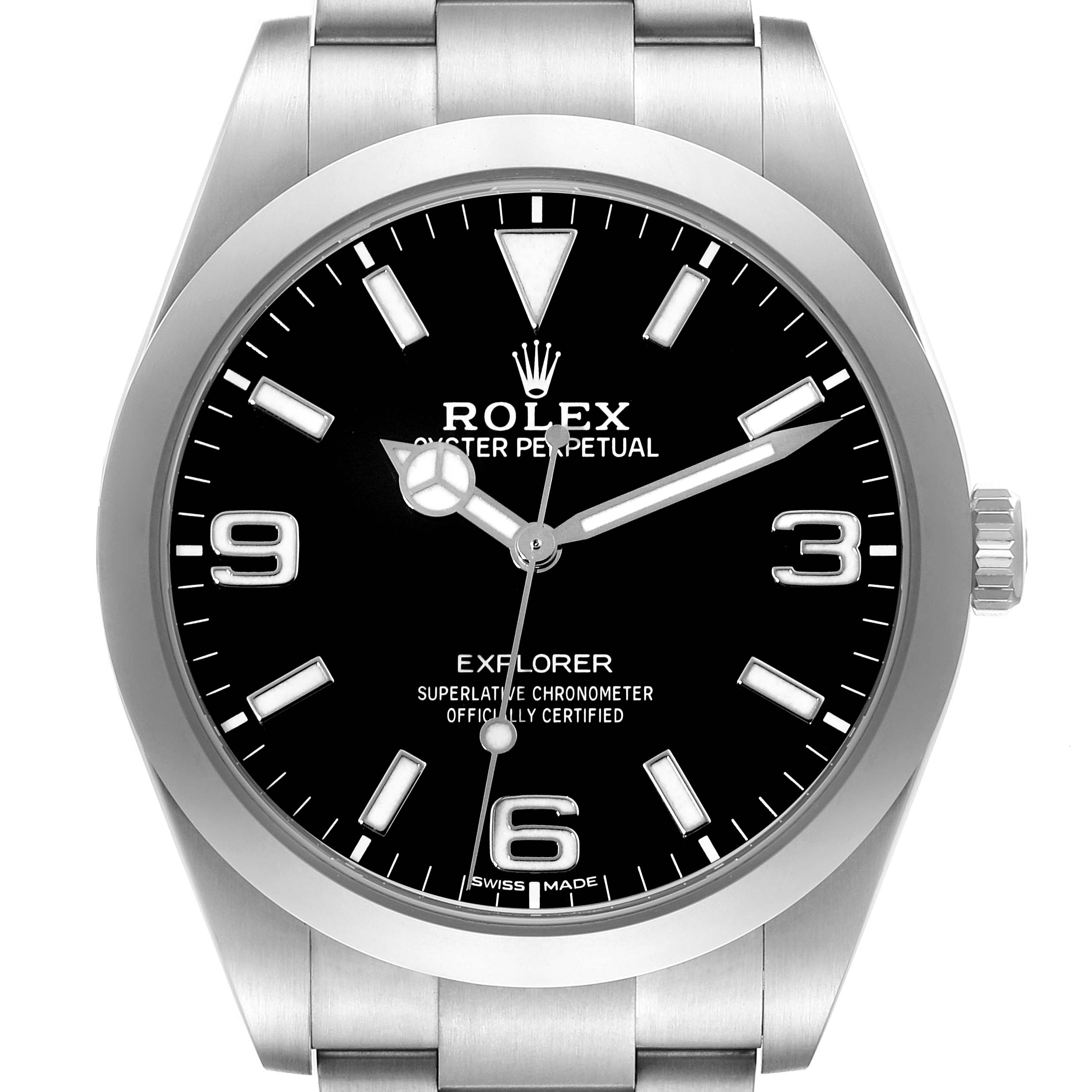 The Rolex Explorer 214270 Men
s Stainless Steel Black Dial 214270 Men
s Stainless Steel Black Dial watch is shown from a frontal view, displaying the dial, hands, crown, and part of the bracelet.