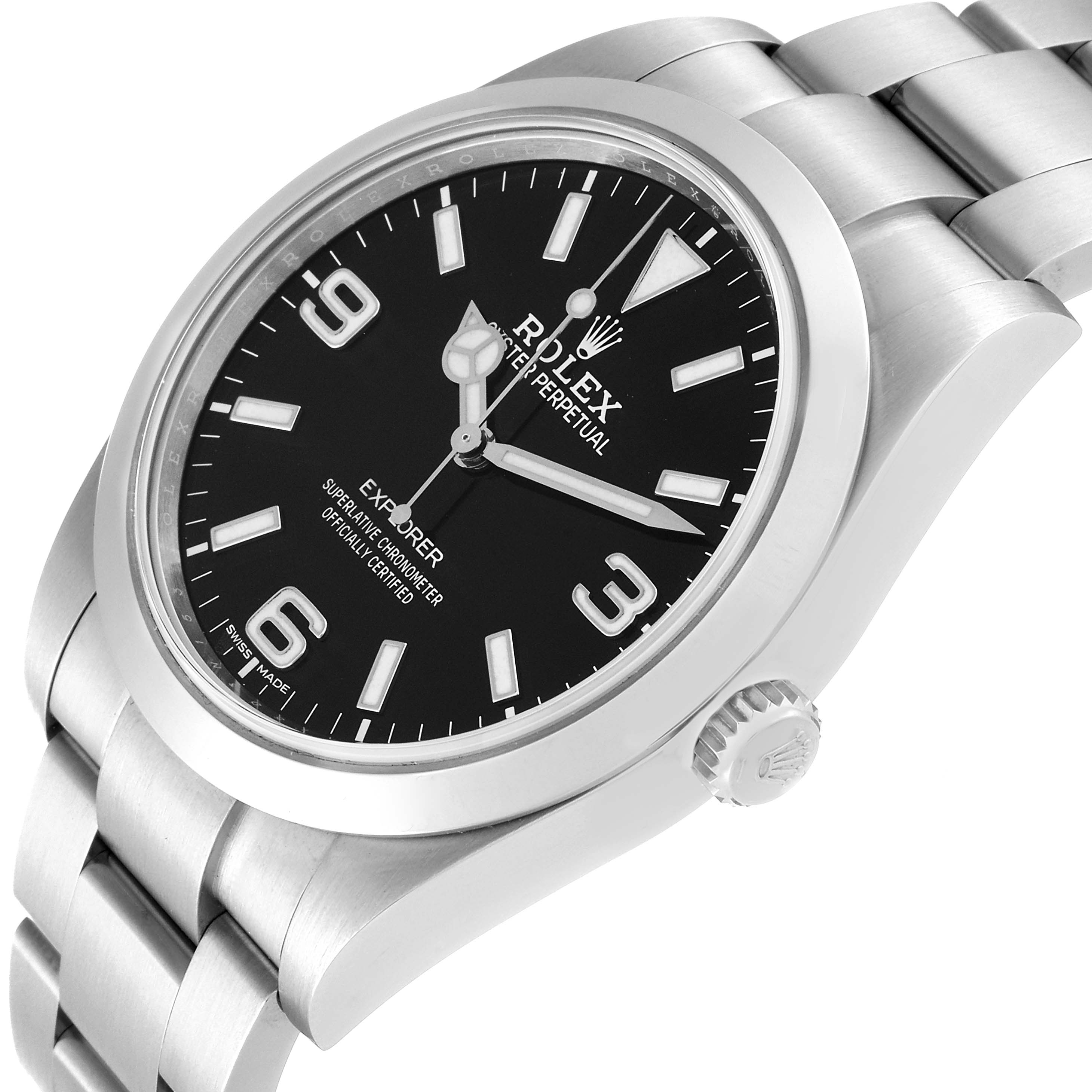 The Rolex Explorer 214270 Men
s Stainless Steel Black Dial 214270 Men
s Stainless Steel Black Dial watch is shown at an angled close-up, highlighting its black dial, indices, and bracelet.