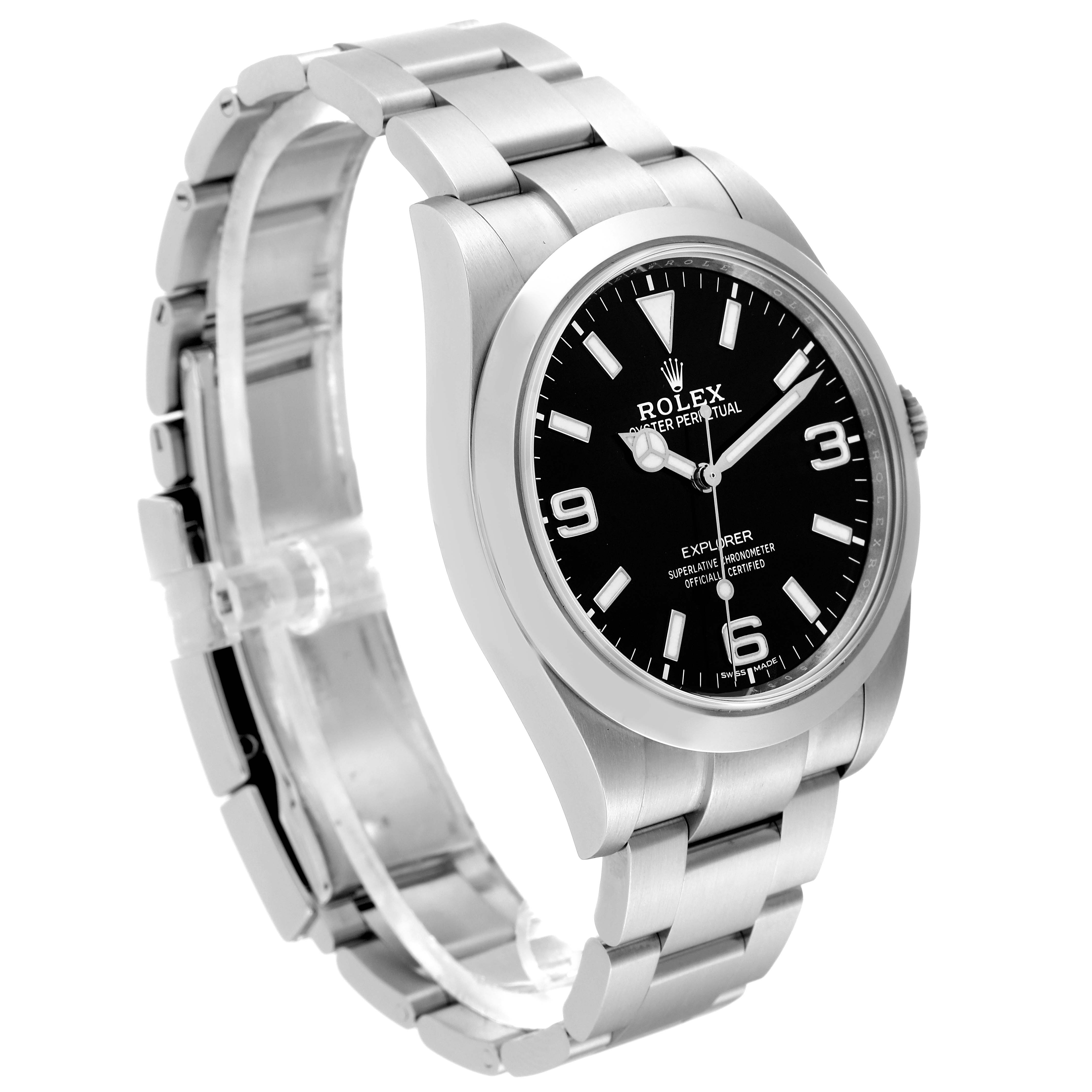 The image shows a Rolex Explorer 214270 Men
s Stainless Steel Black Dial 214270 Men
s Stainless Steel Black Dial watch at an angled side view, highlighting the face, bezel, and bracelet.