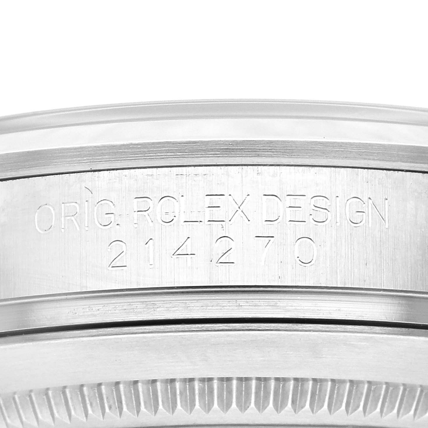 The image shows a close-up of the model number engraving on the case side of a Rolex Explorer 214270 Men
s Stainless Steel Black Dial 214270 Men
s Stainless Steel Black Dial.