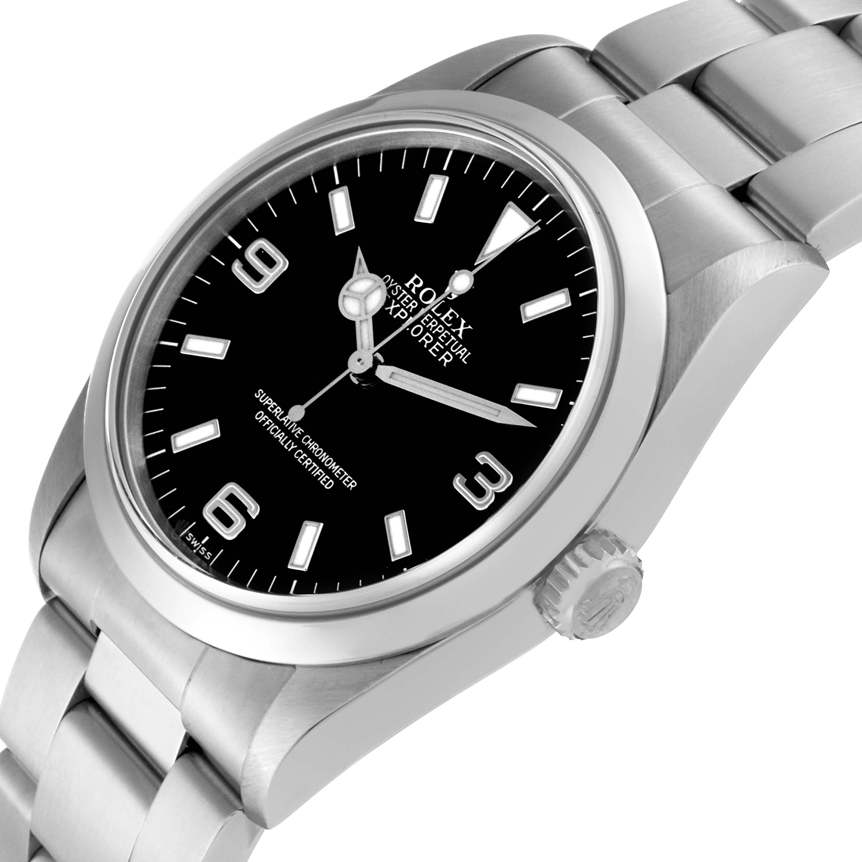 The Rolex Explorer 14270 Men
s Stainless Steel Black Dial 14270 Men
s Stainless Steel Black Dial watch is shown at an angled view, displaying the dial, bezel, crown, and part of the bracelet.