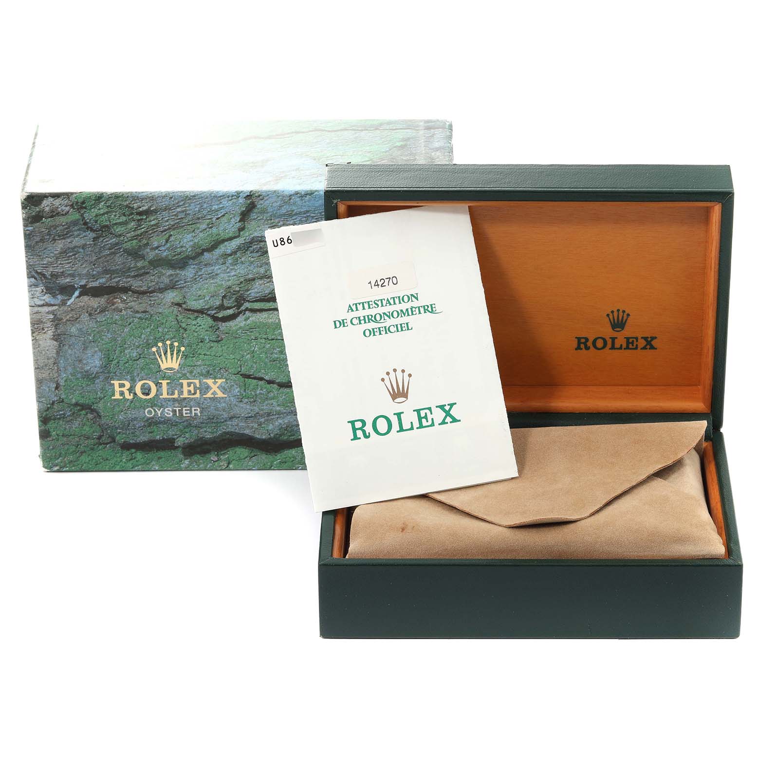 The image shows the Rolex Explorer 14270 Men
s Stainless Steel Black Dial 14270 Men
s Stainless Steel Black Dial packaging, including the outer box, inner box, and documentation, viewed from the front.