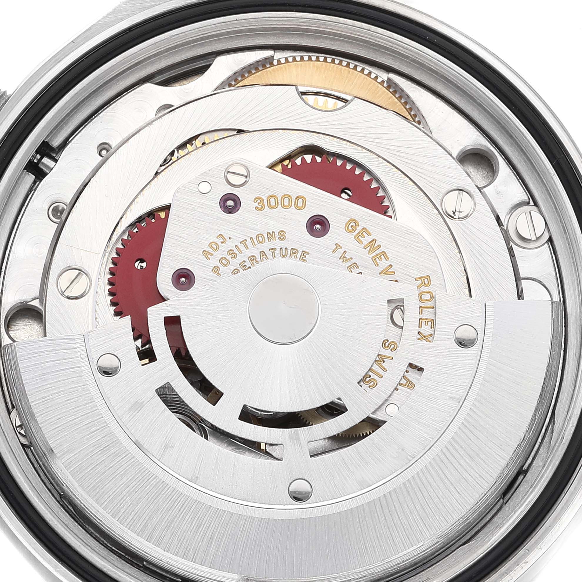 This close-up image shows the intricate inner mechanism and movement parts of a Rolex Explorer 14270 Men
s Stainless Steel Black Dial 14270 Men
s Stainless Steel Black Dial watch.