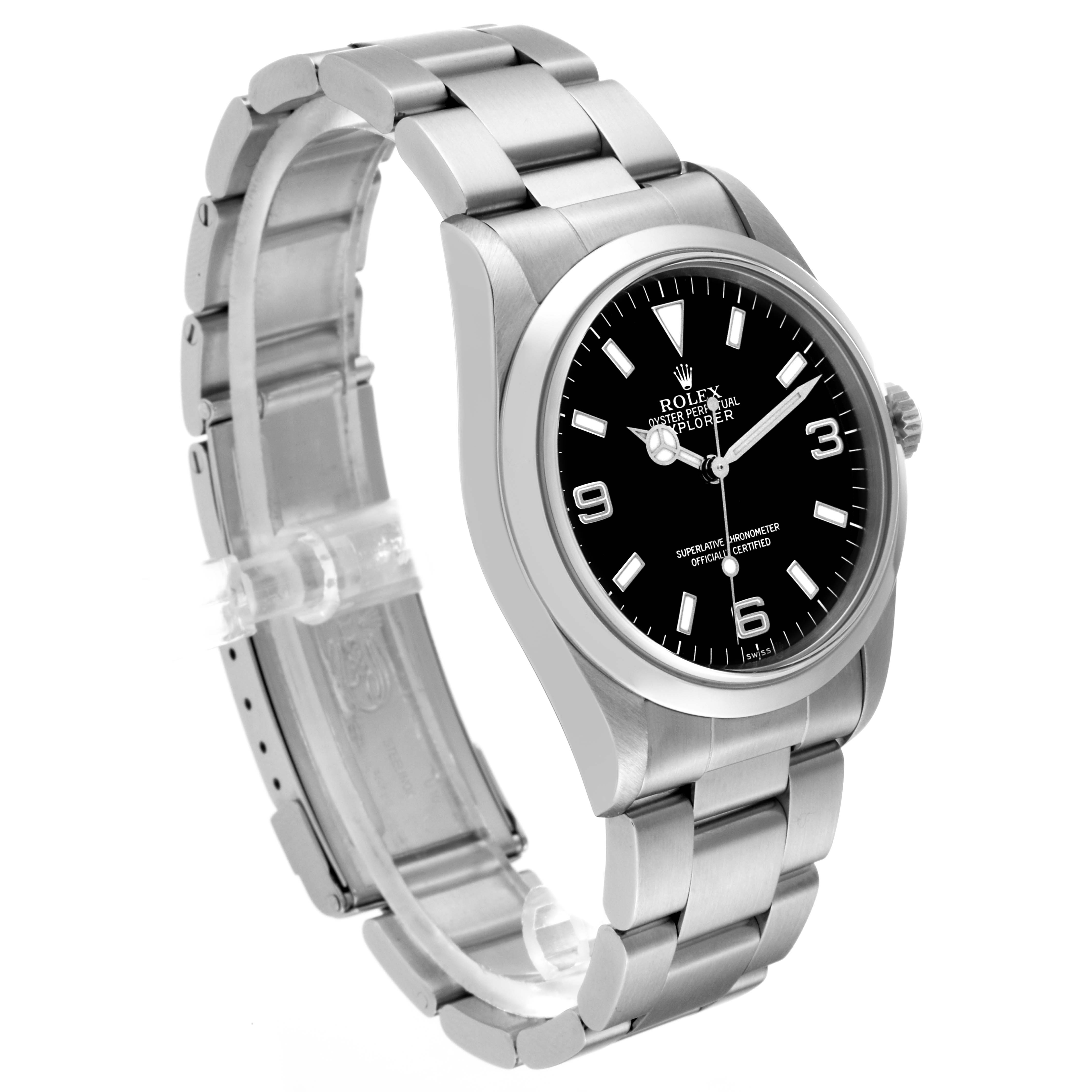 The watch is a Rolex Explorer 14270 Men
s Stainless Steel Black Dial 14270 Men
s Stainless Steel Black Dial, shown from a side angle, highlighting its dial, bezel, band, and crown.