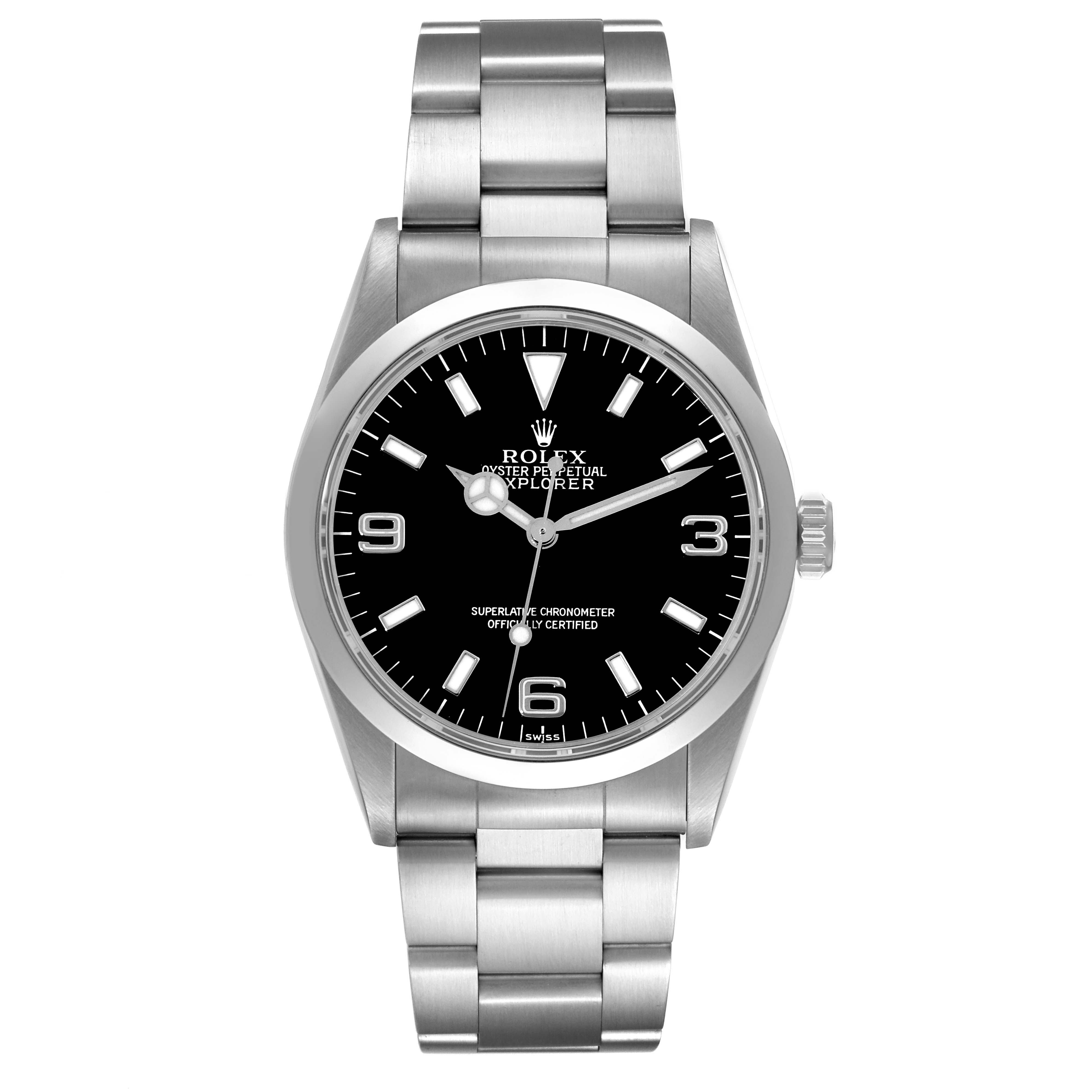 The image displays a front view of a Rolex Explorer 14270 Men
s Stainless Steel Black Dial 14270 Men
s Stainless Steel Black Dial watch, showing the bezel, dial, hands, crown, and metal bracelet.