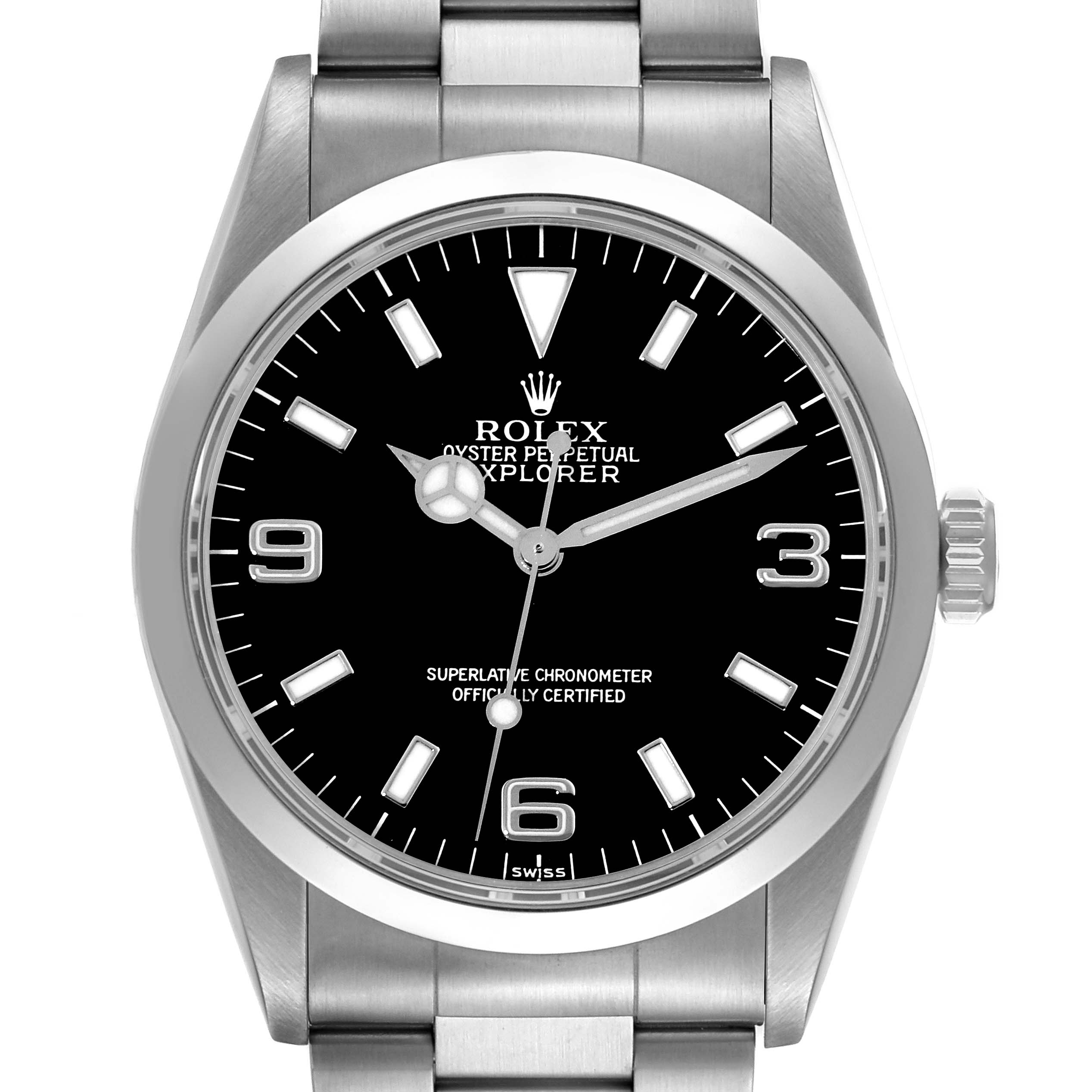 The image shows a Rolex Explorer 14270 Men
s Stainless Steel Black Dial 14270 Men
s Stainless Steel Black Dial watch from a front view, highlighting the black dial, hour markers, and bracelet.