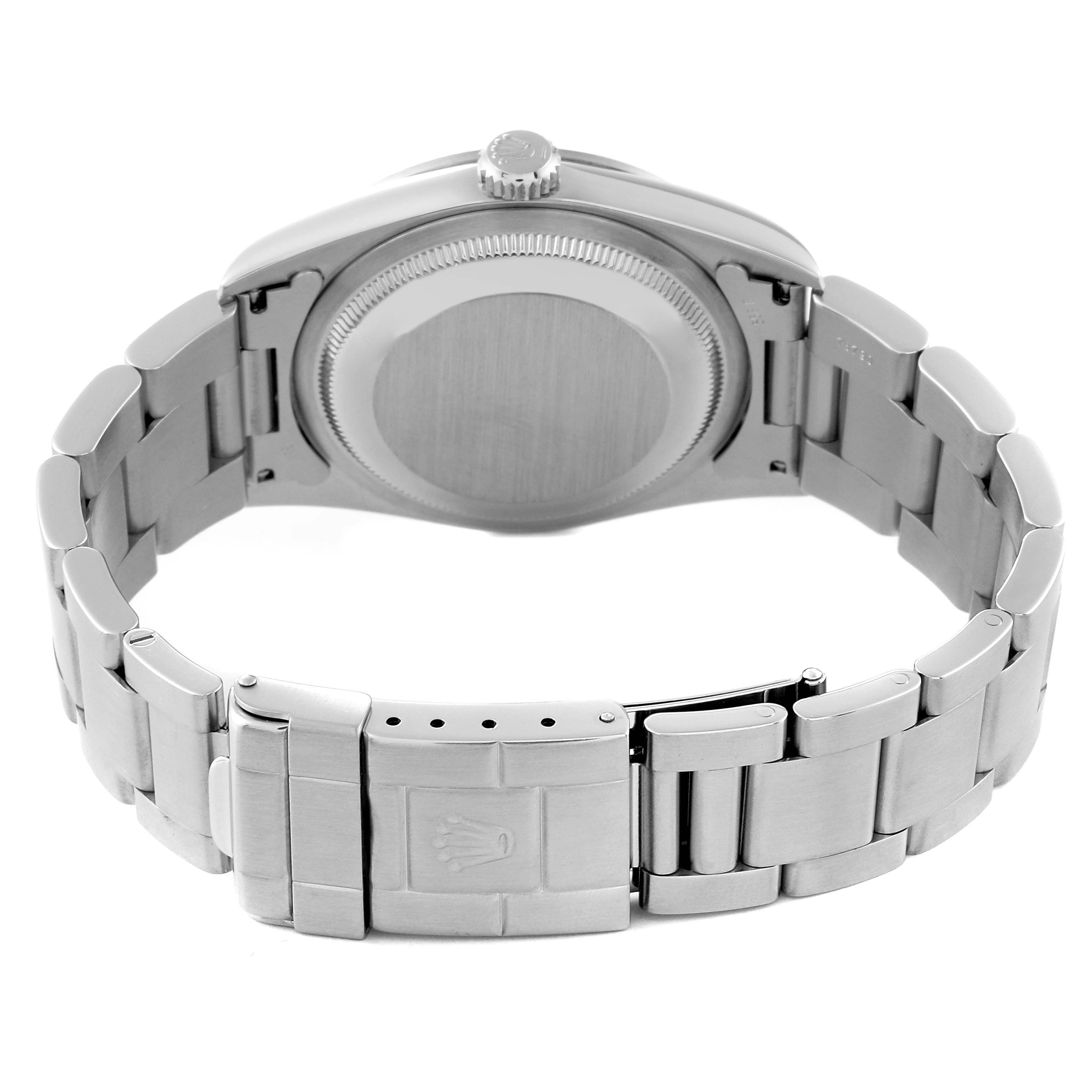 The image shows the backside and bracelet of the Rolex Explorer 14270 Men
s Stainless Steel Black Dial 14270 Men
s Stainless Steel Black Dial watch, including the case back and clasp.