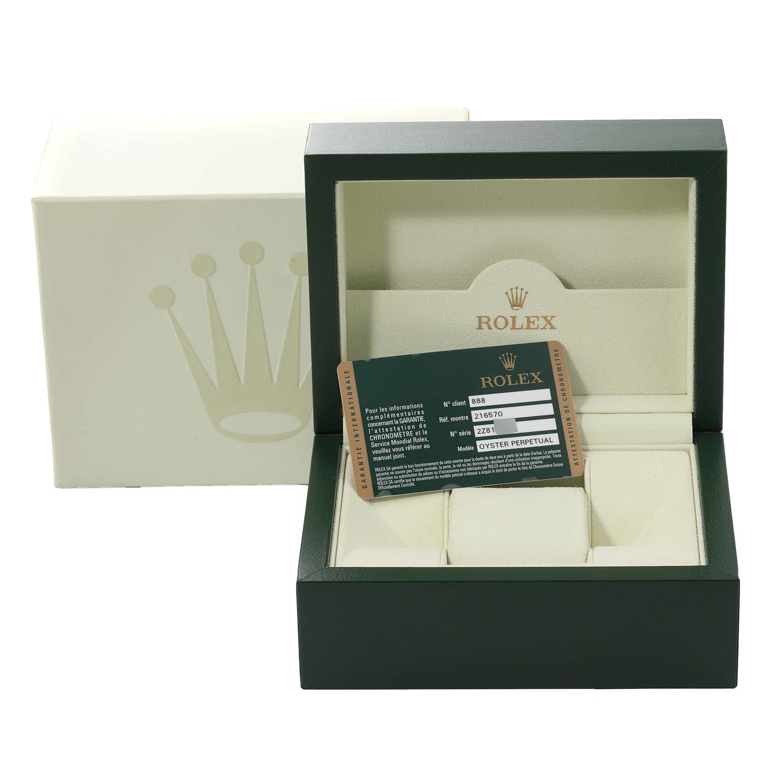 The image shows the opened box and warranty card for the Rolex Explorer 216570 Men
s Stainless Steel Black Dial 216570 Men
s Stainless Steel Black Dial model, with the Rolex logo visible inside the box.