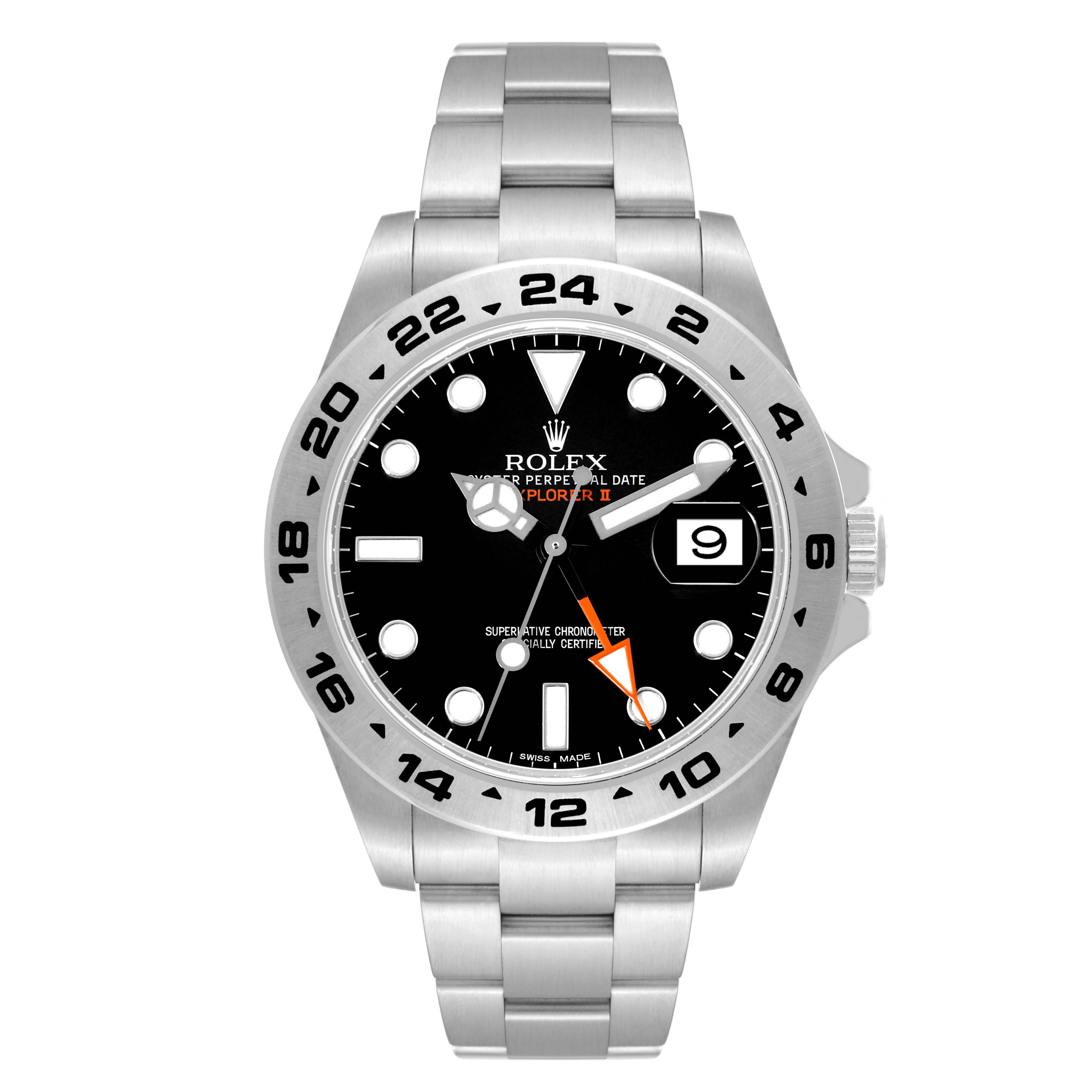 This Rolex Explorer 216570 Men
s Stainless Steel Black Dial 216570 Men
s Stainless Steel Black Dial watch is shown from the front, highlighting its dial, bezel, and bracelet.