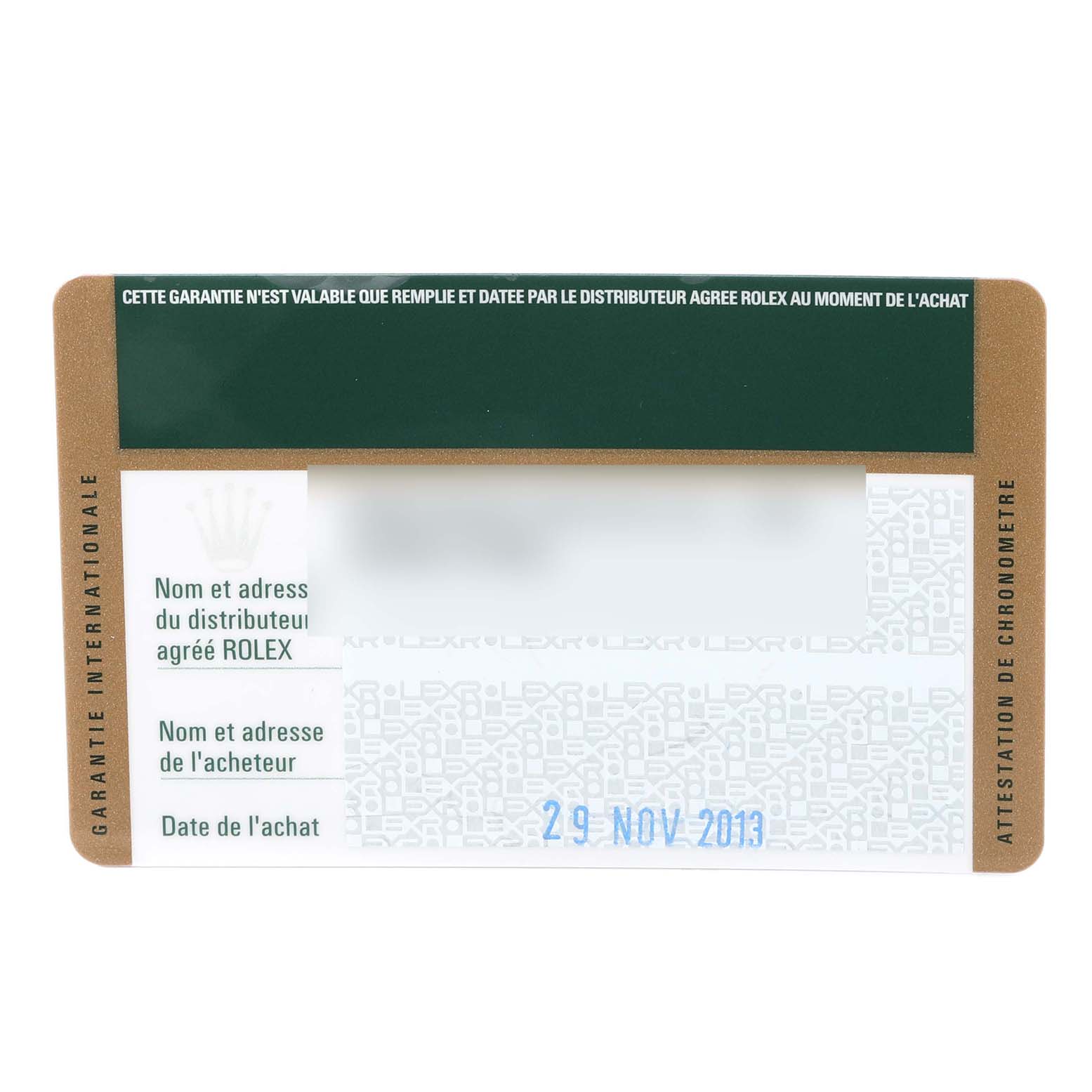 This is a guarantee card for the Rolex Explorer 216570 Men
s Stainless Steel Black Dial 216570 Men
s Stainless Steel Black Dial model, displaying purchase date and distributor information.