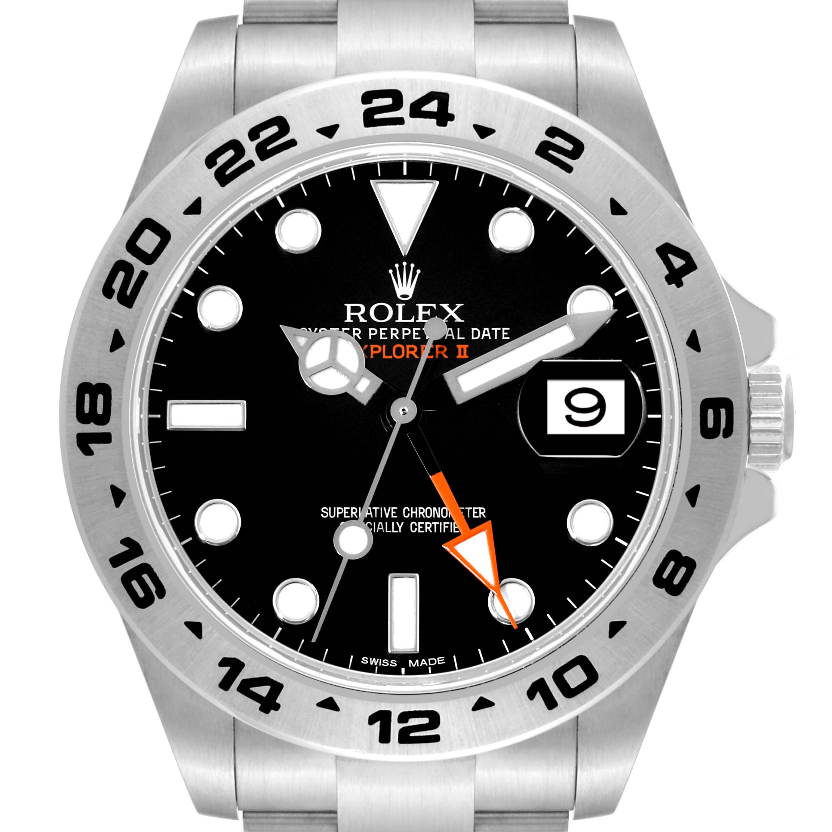 The image shows a frontal view of a Rolex Explorer 216570 Men
s Stainless Steel Black Dial 216570 Men
s Stainless Steel Black Dial watch, displaying its face, hour markers, hands, date window, and part of the bracelet.
