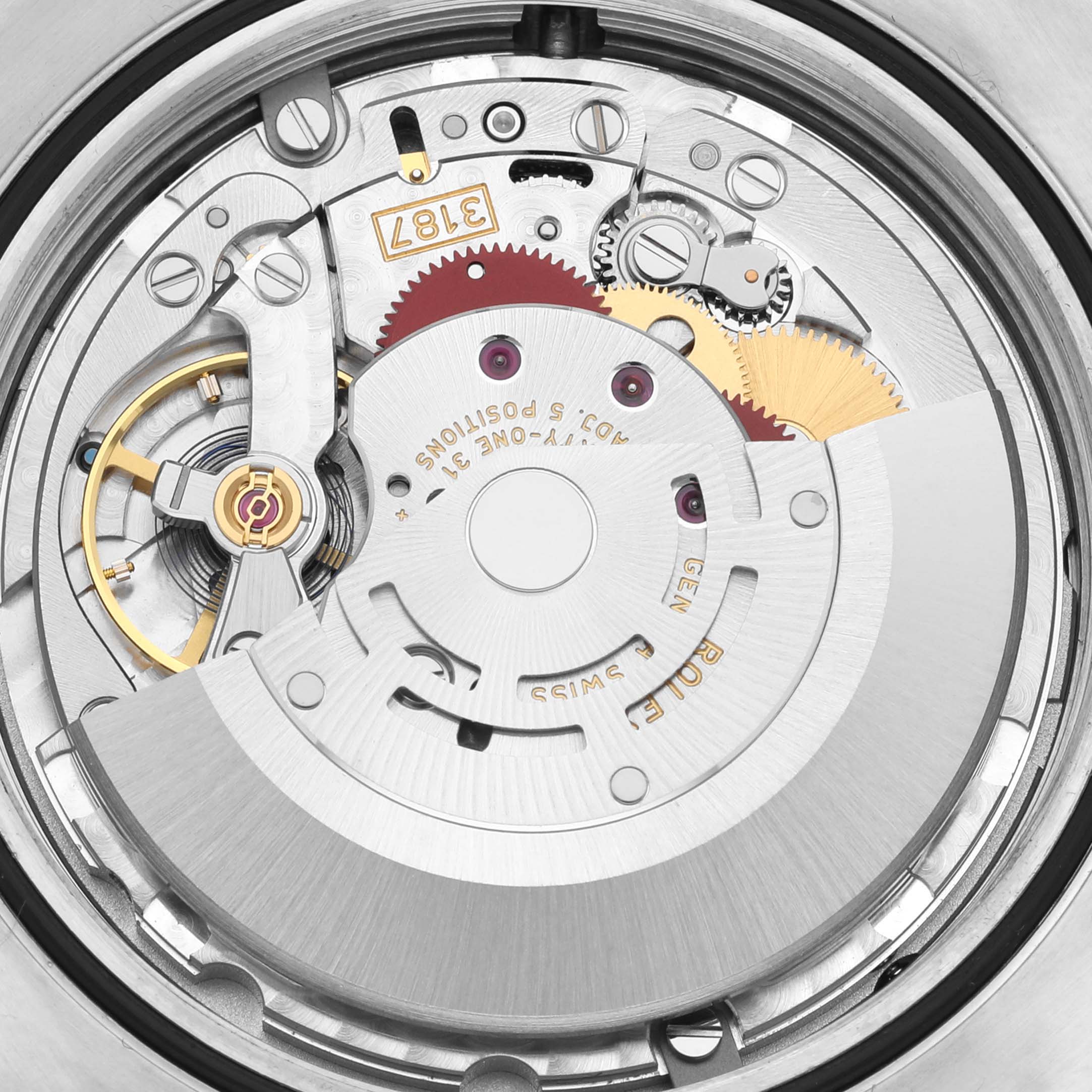This image shows the internal mechanism of a Rolex Explorer 216570 Men
s Stainless Steel Black Dial 216570 Men
s Stainless Steel Black Dial model watch from a close-up angle.