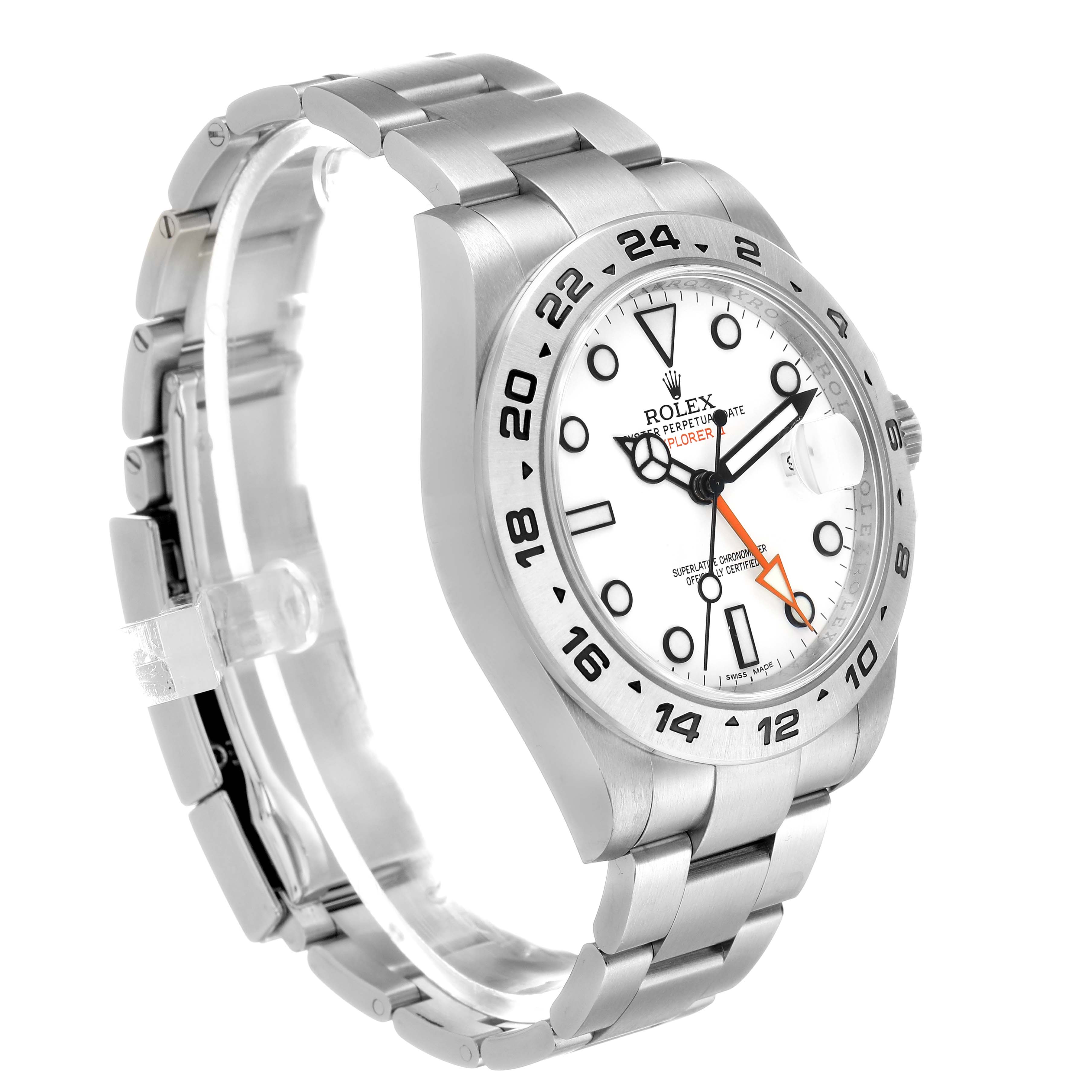 The Rolex Explorer 216570 Men's Stainless Steel White Dial model watch is shown at a 3/4 angle, highlighting the face, bezel, and bracelet.