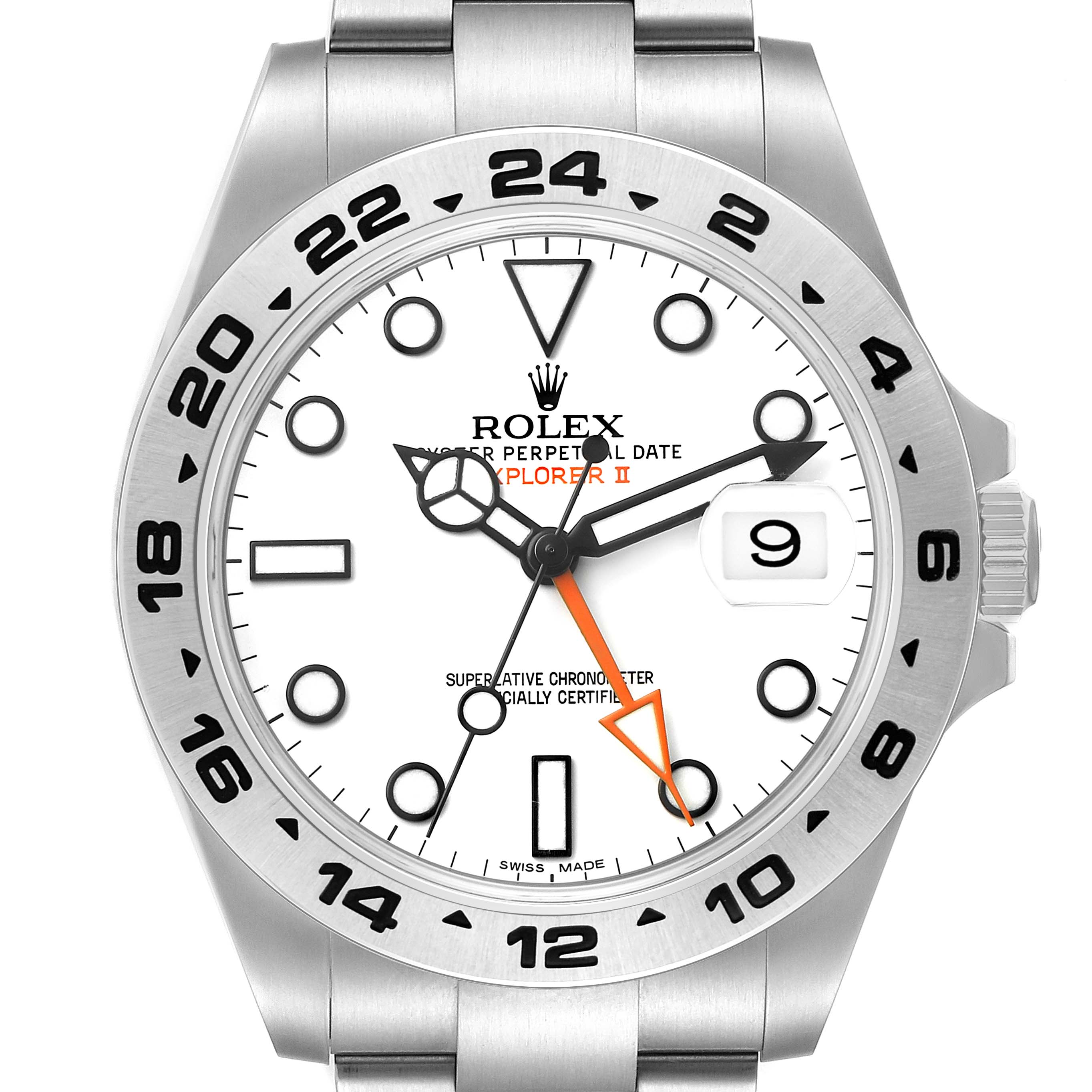 The Rolex Explorer 216570 Men's Stainless Steel White Dial II watch is shown from the front, highlighting the dial, hands, bezel, and bracelet.